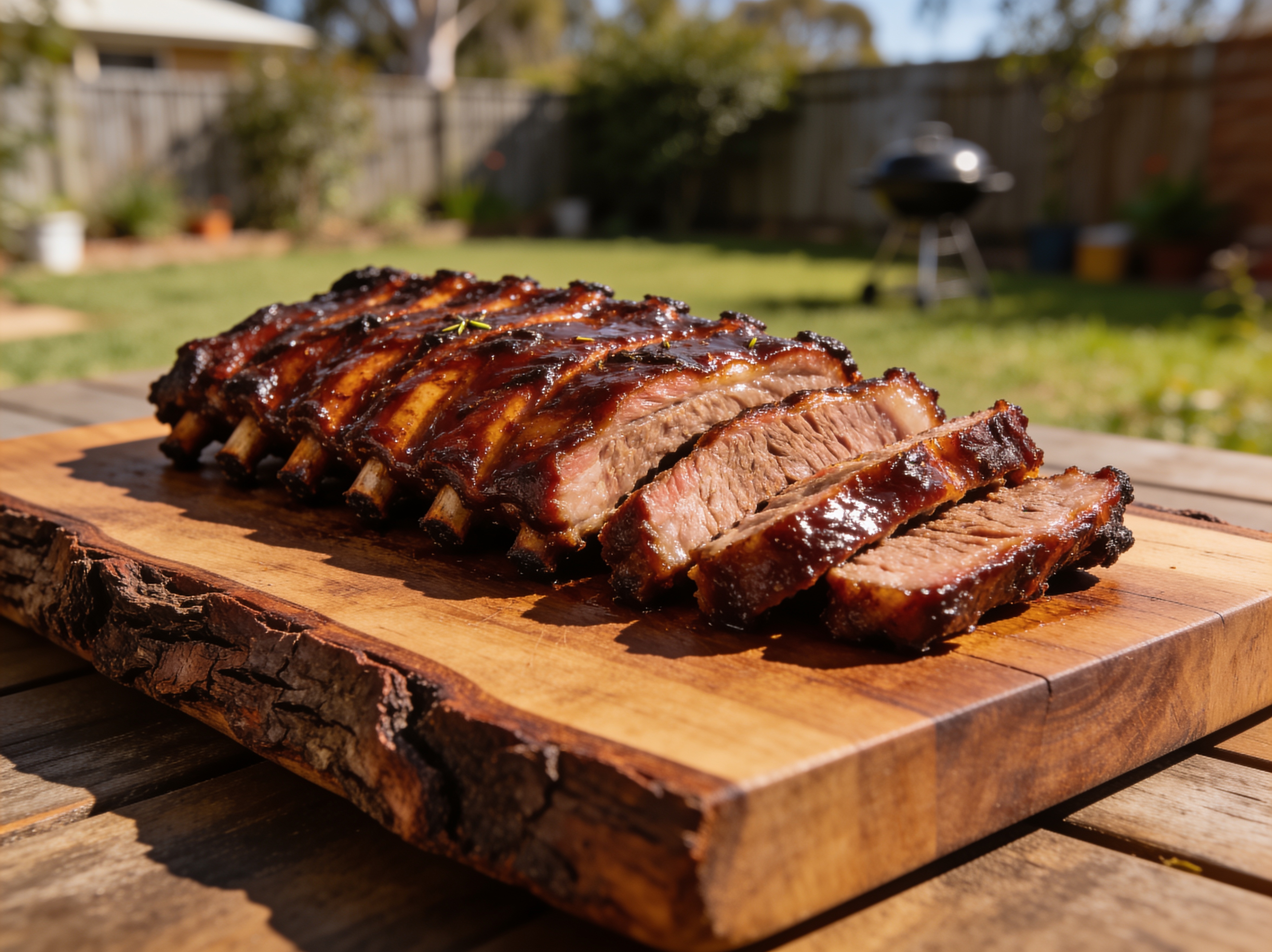Full rack of glossy smoked pork ribs sliced and plated on a wooden board