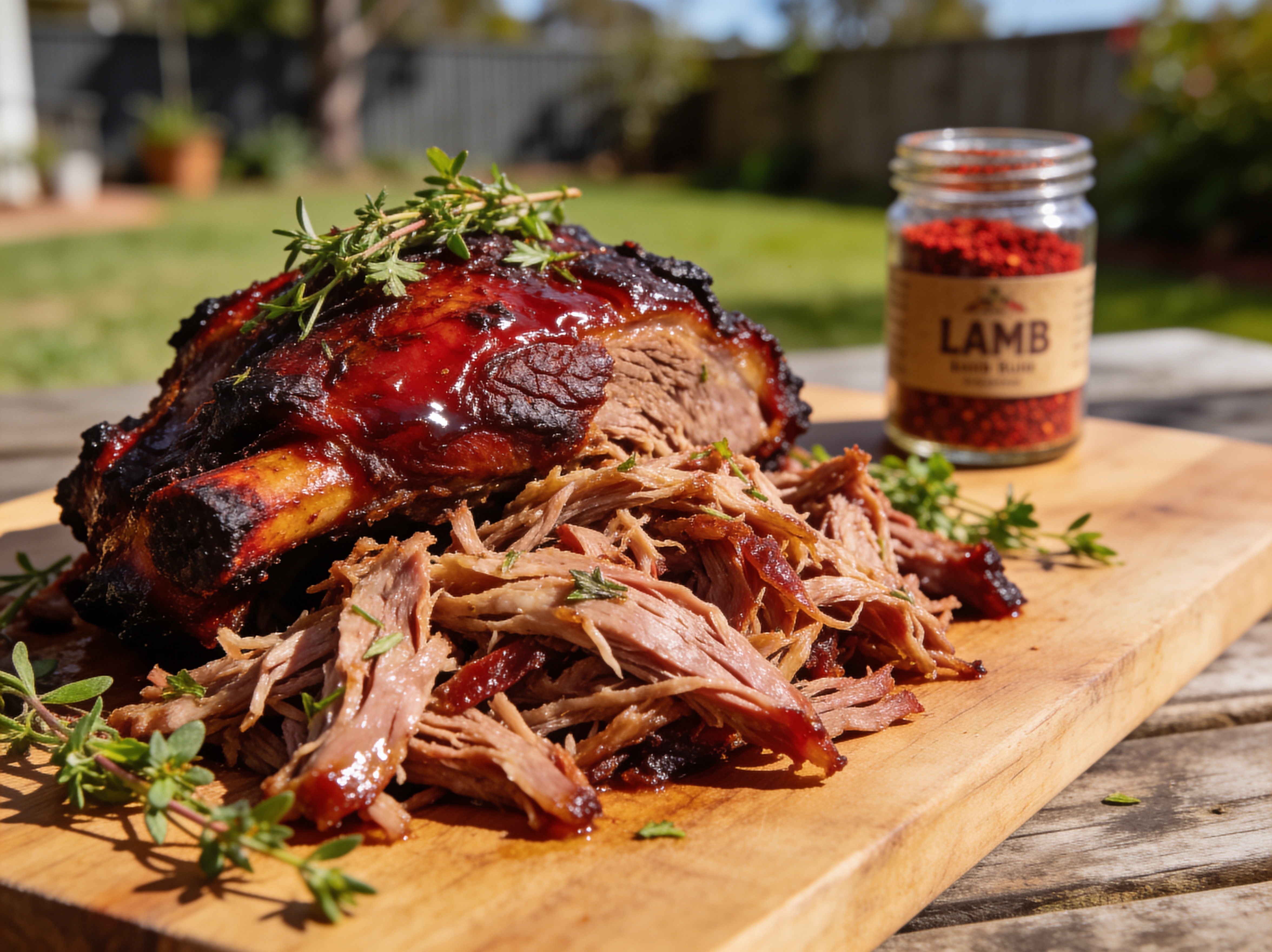 Shredded pull-apart smoked lamb shoulder piled on a wooden board next to a jar of lamb rub
