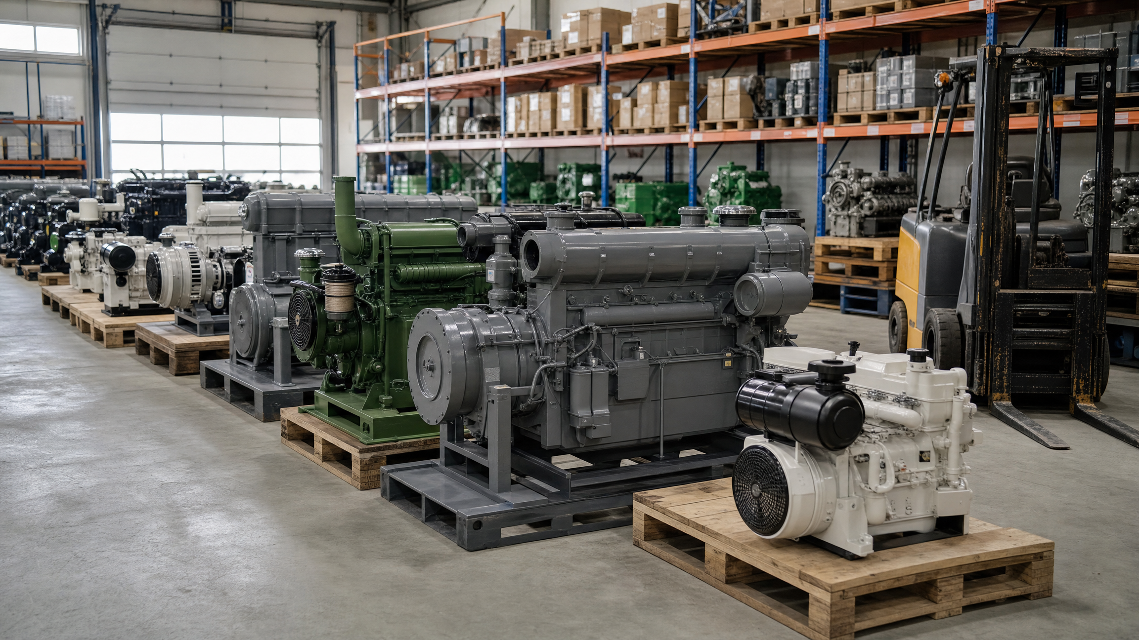 New and reconditioned industrial diesel engines on pallets in a UK engine warehouse