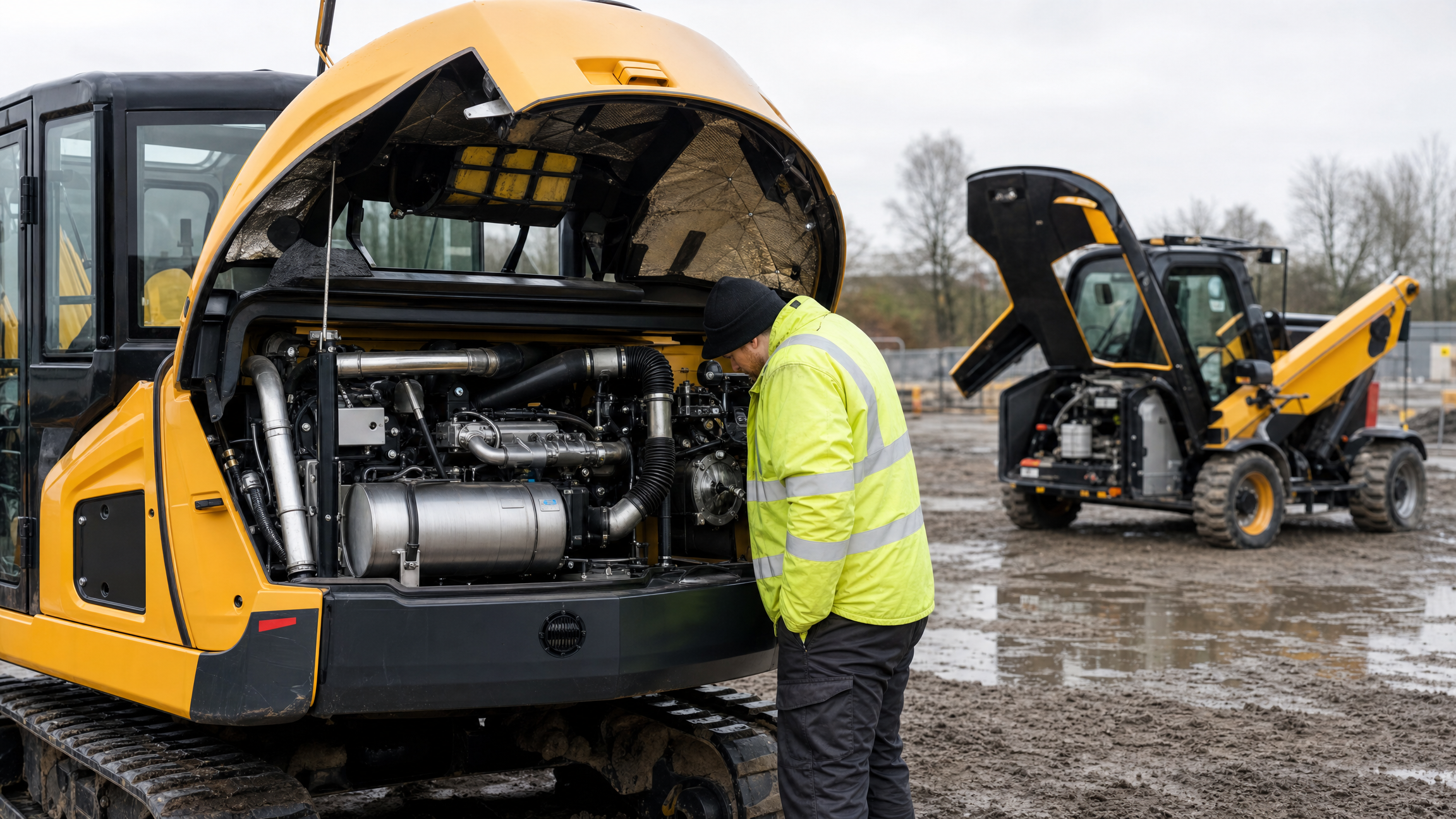 Mechanic checking a four-cylinder diesel engine in a compact excavator on a construction site