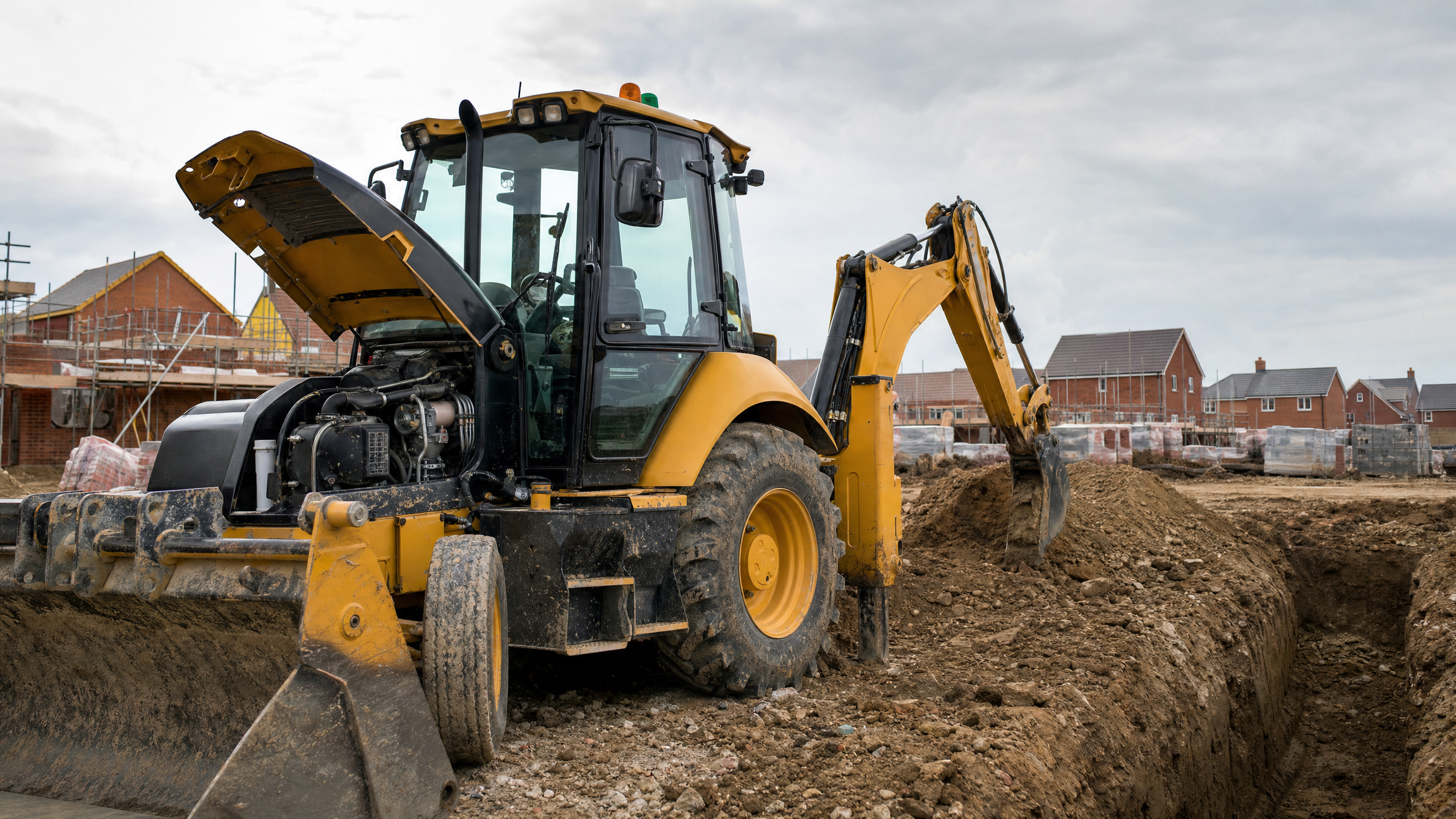 Backhoe loader digging a trench on a building site with its engine panel open