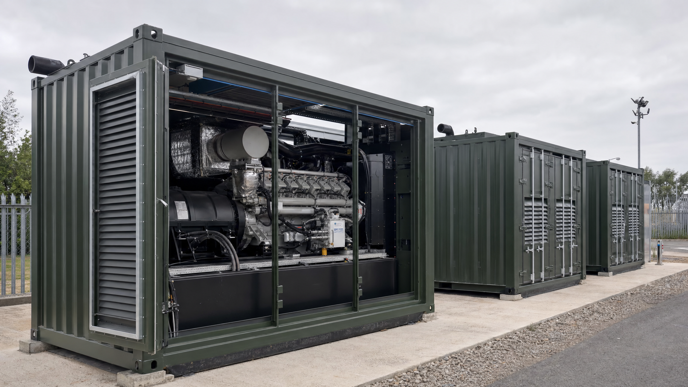 Large containerised diesel generator sets at an industrial site with one container open