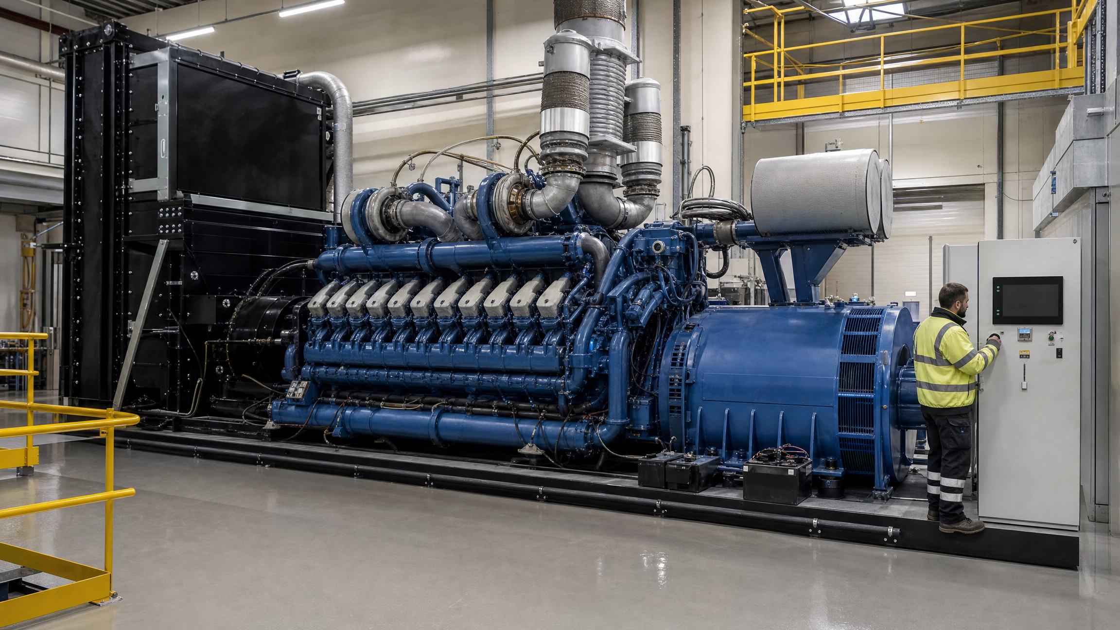 Large V12 diesel generator engine in a standby power plant room with an engineer checking the control panel