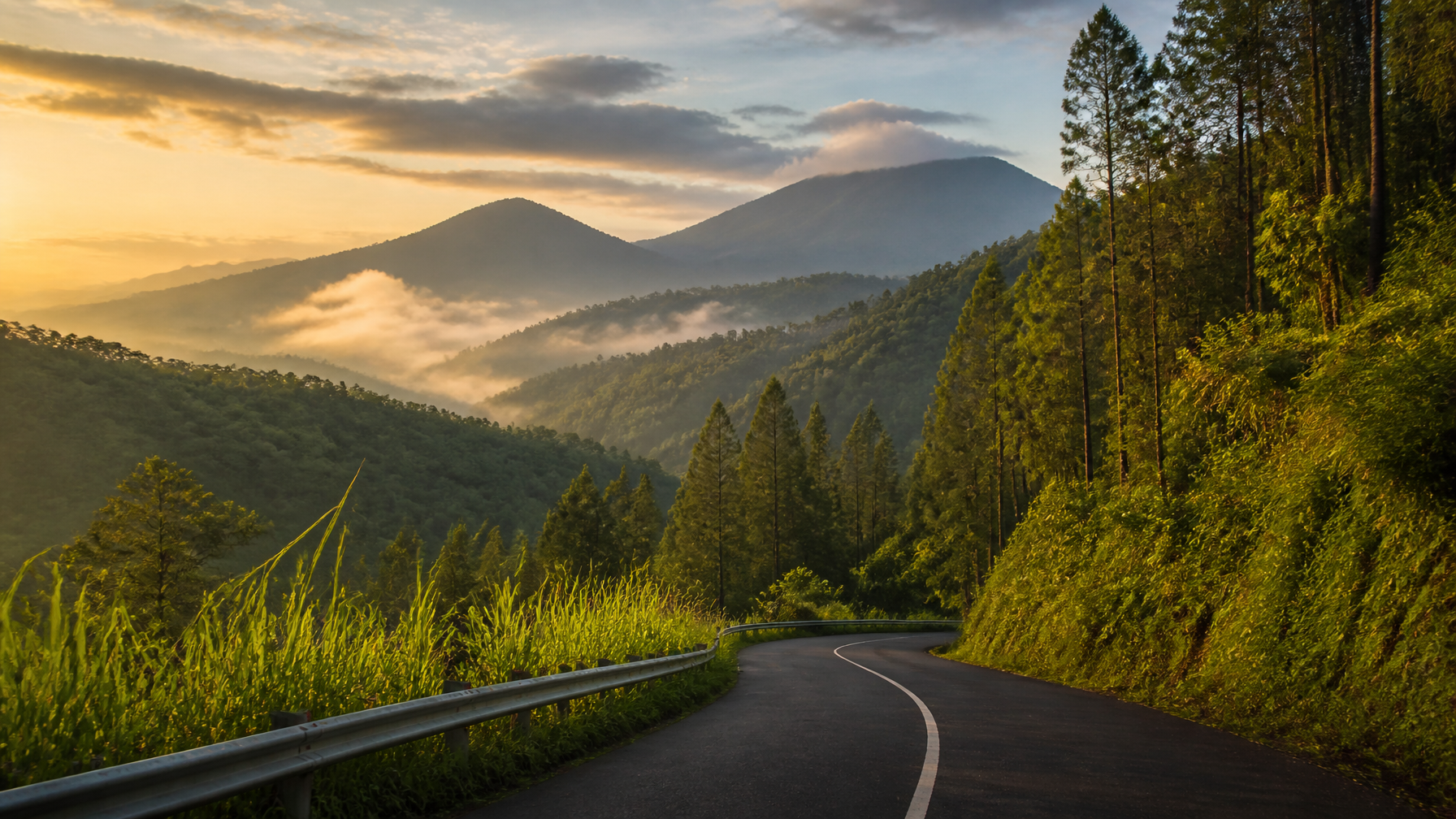 A breathtaking cinematic wide shot of a winding mountain road through lush green pine forests and mi