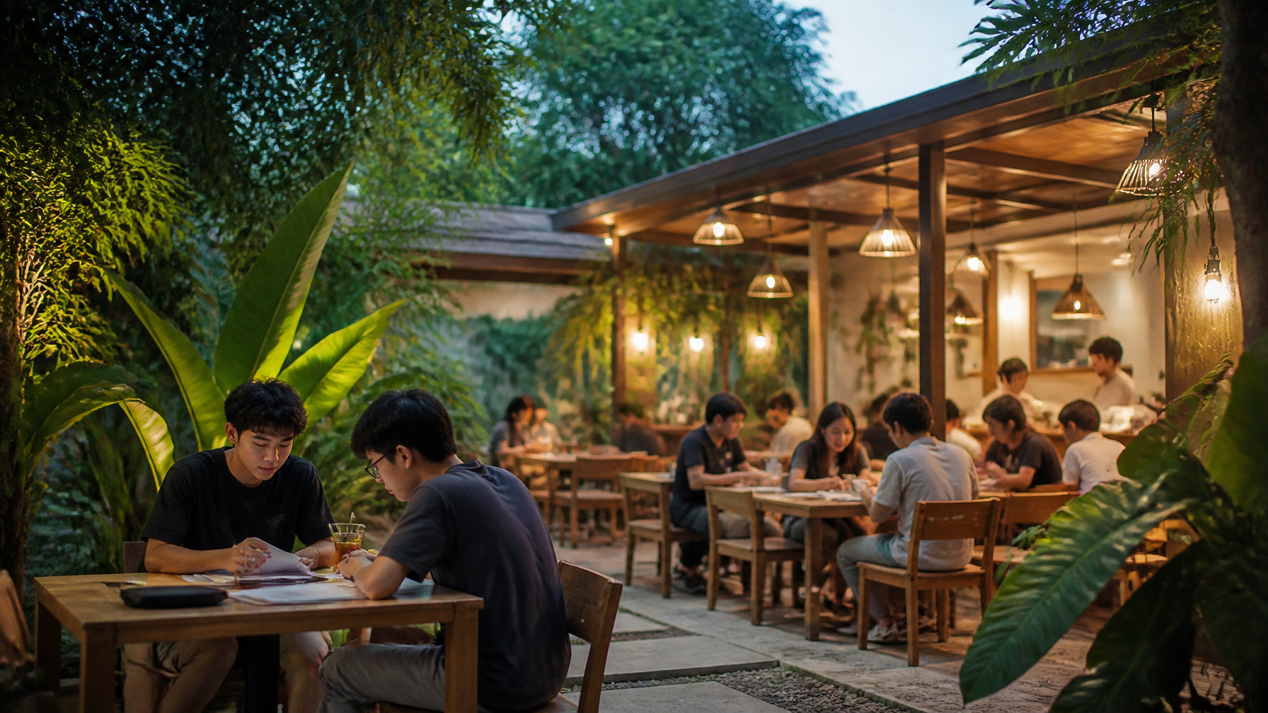 A cozy open-air coffee shop near a university in Purwokerto Indonesia, college students studying and