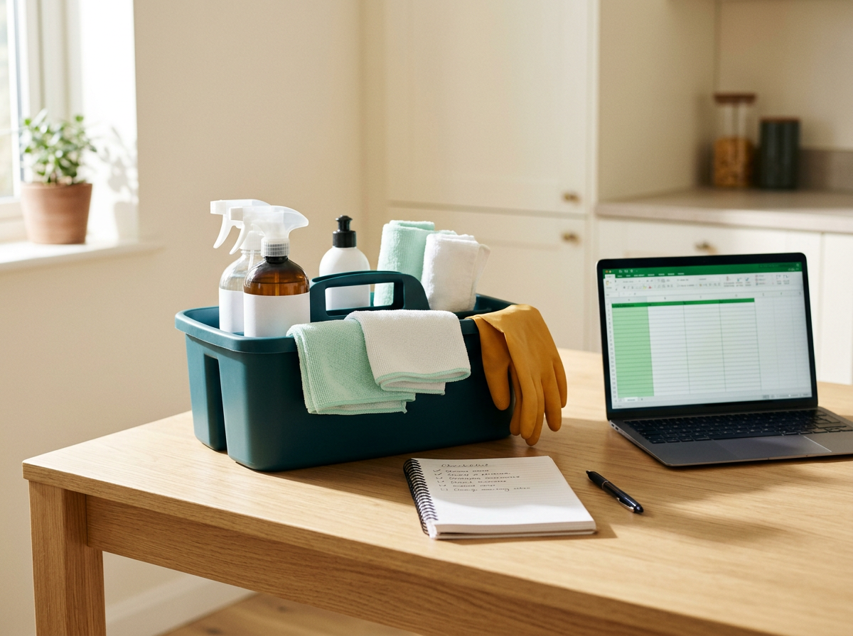 A cleaning caddy, notebook and laptop showing a pricing sheet on a bright kitchen table