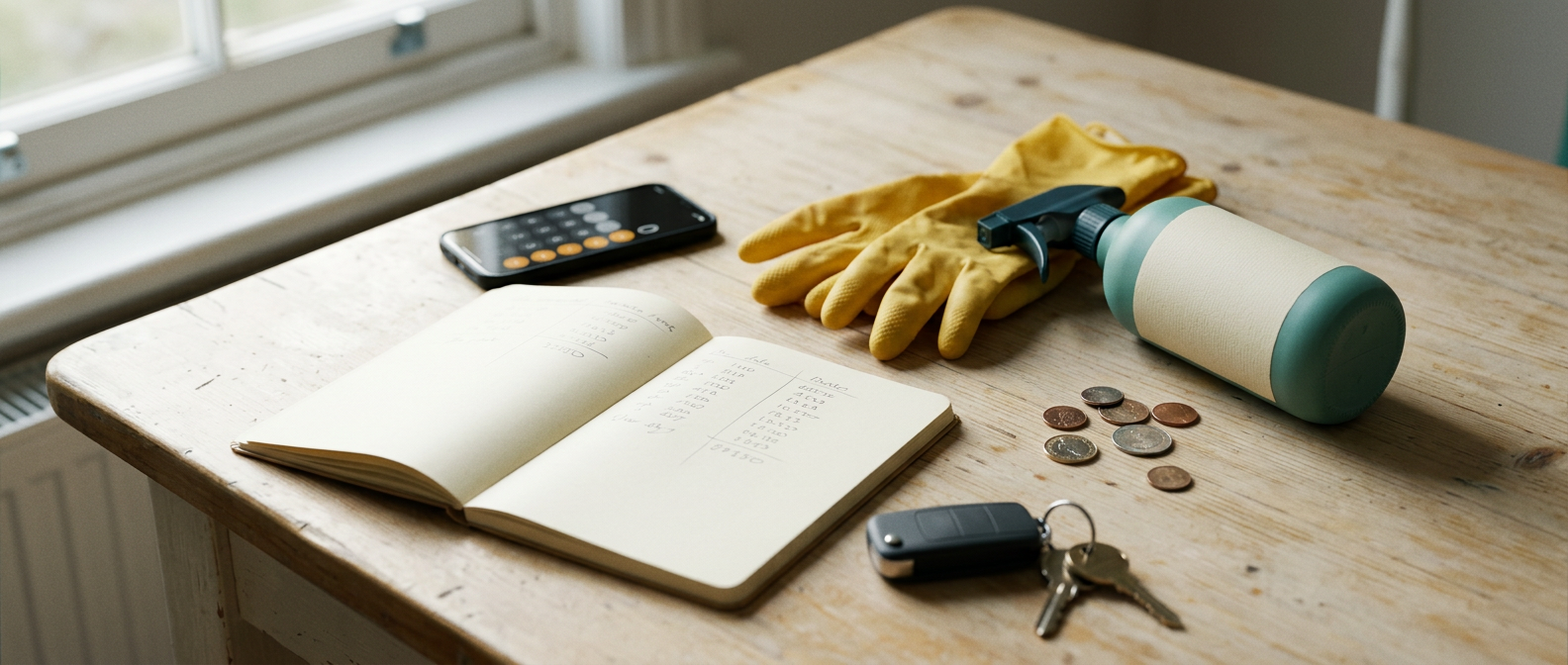 A notebook with price calculations next to cleaning gloves and a phone calculator