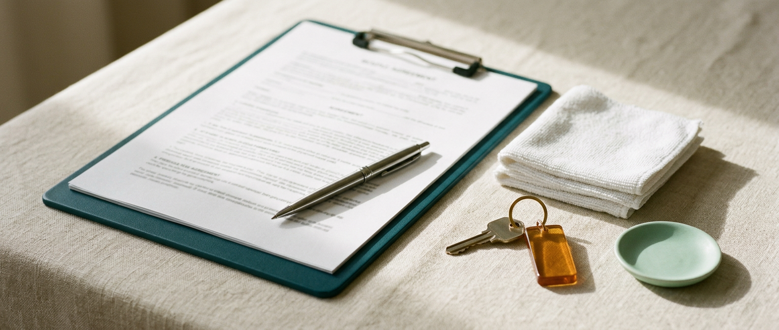 A printed cleaning service agreement on a clipboard with a pen