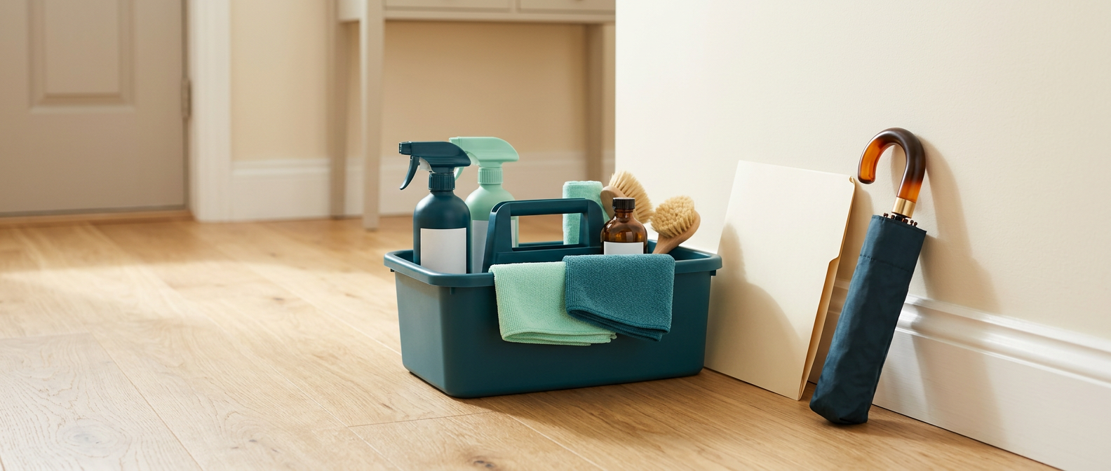 A cleaner's supply caddy beside a folder labeled insurance