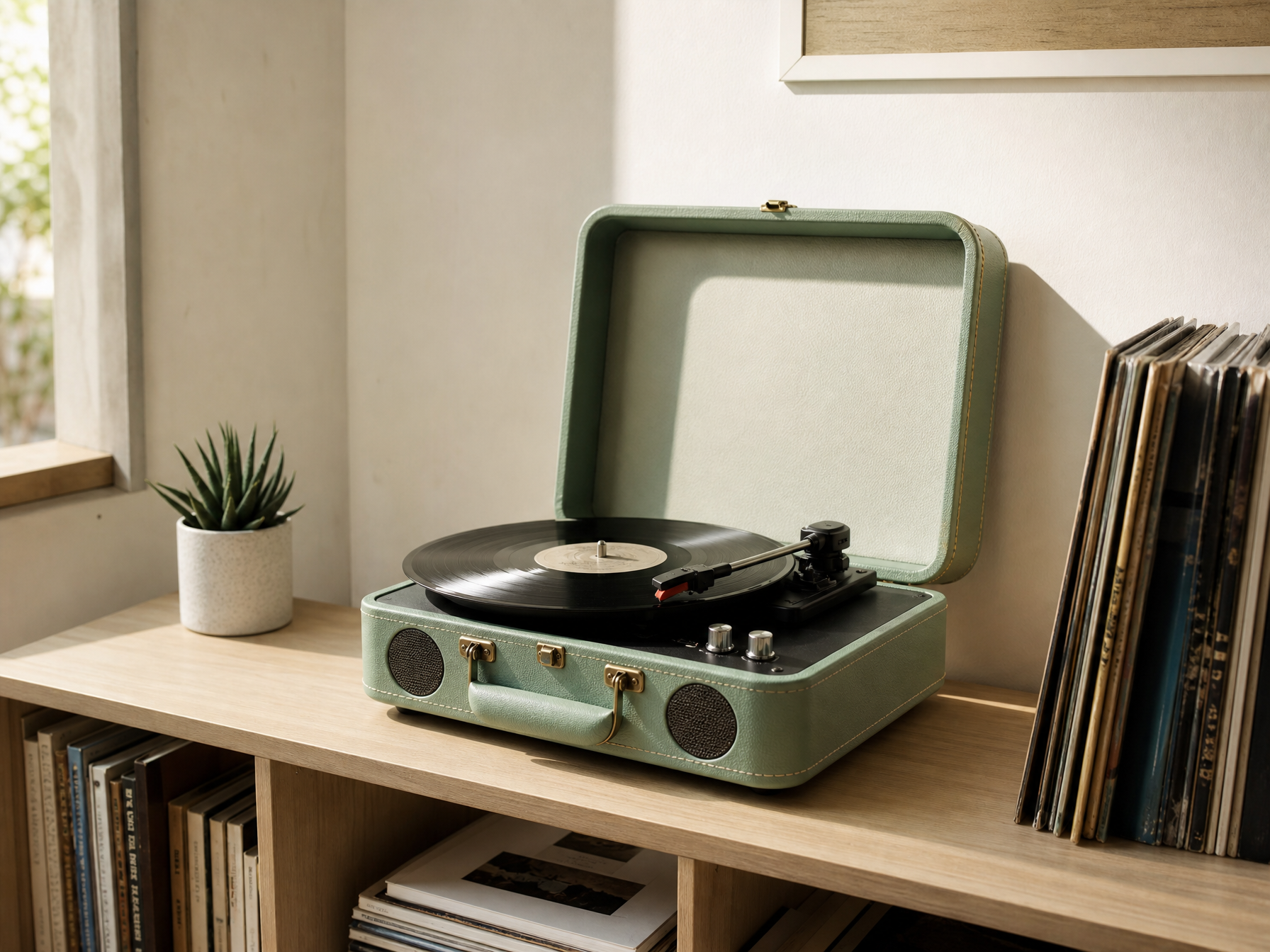Kofferplatenspeler in mint groene leatherette met draagbeugel, illustratief beeld