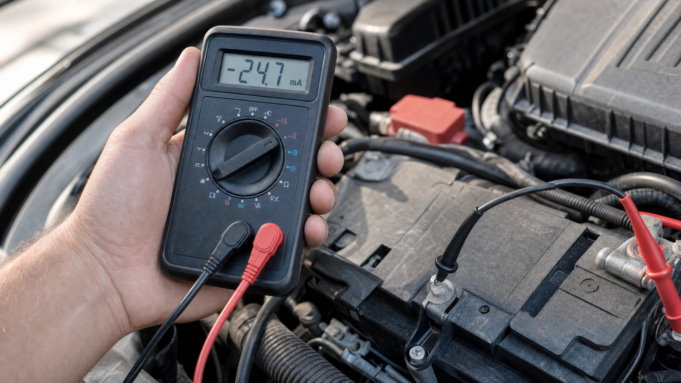 Hand holding a digital multimeter with probes connected to a car battery terminal, testing for a parasitic drain that causes a car battery to drain overnight