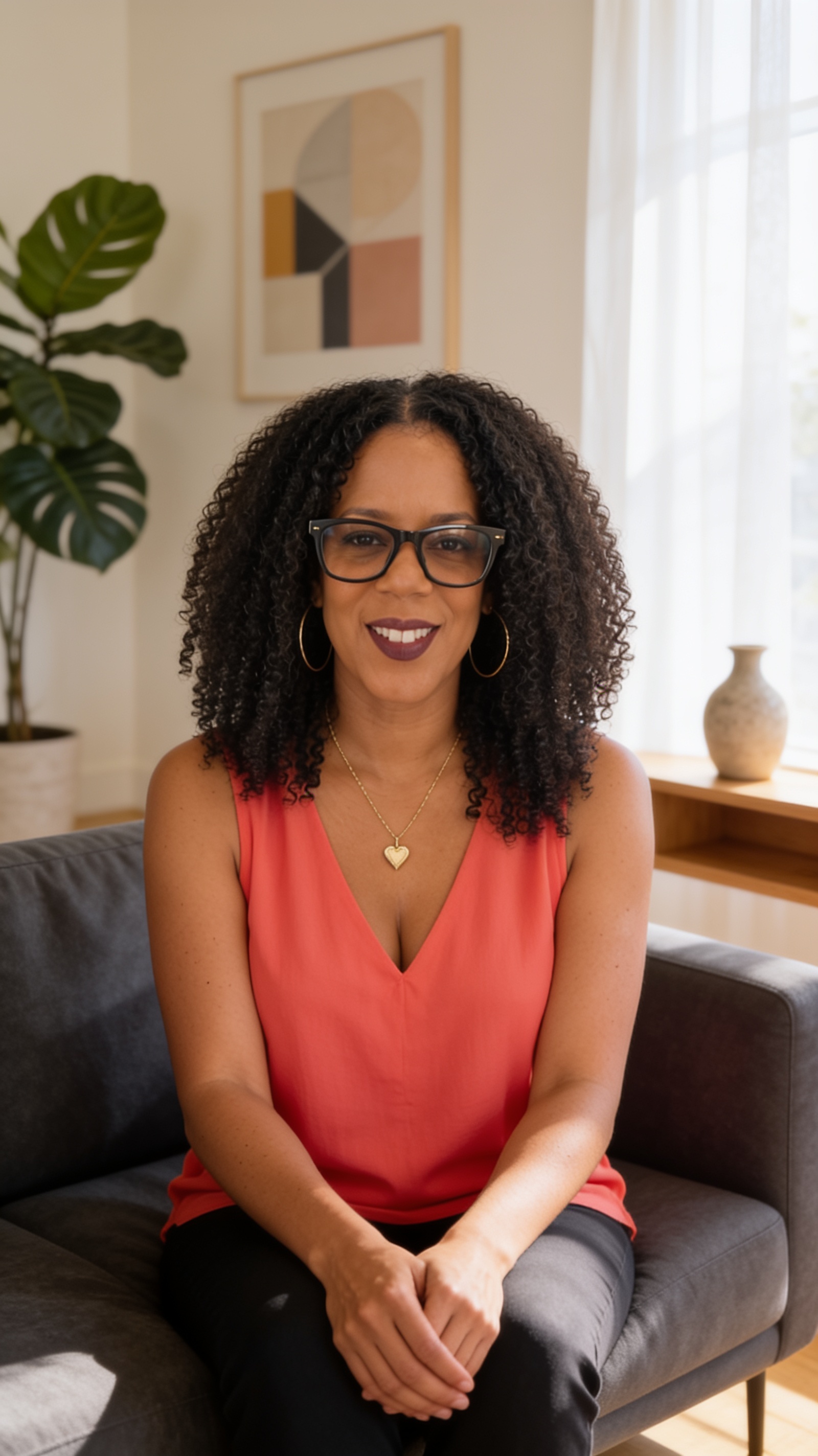 Steph Thomas smiling in a warm, comfortable workspace