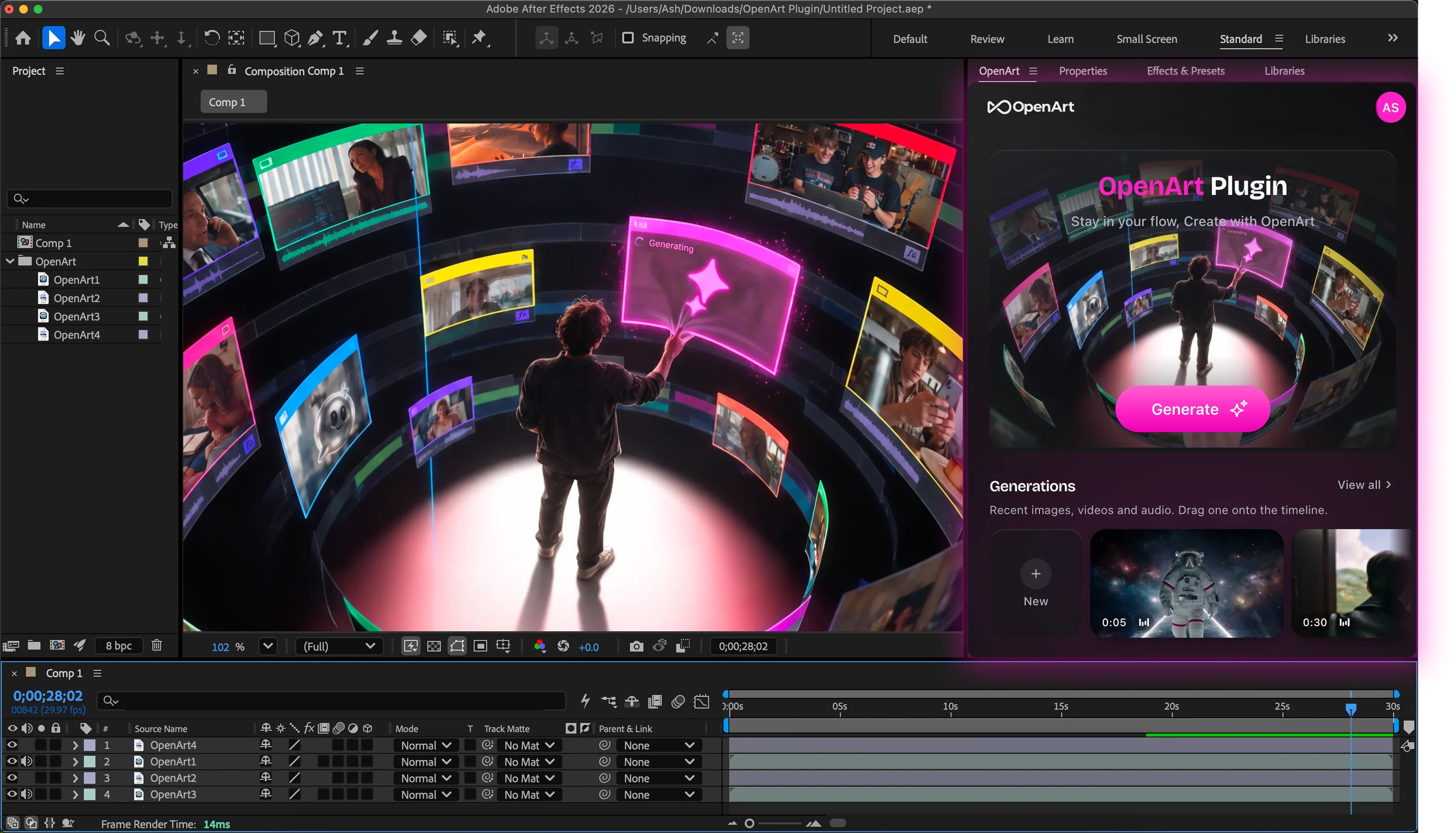 OpenArt plugin panel inside Adobe After Effects