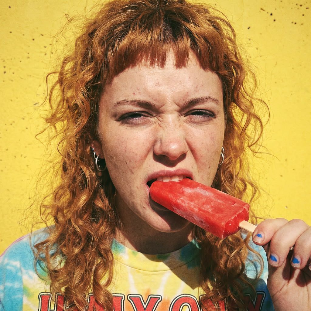 Curly red-haired girl biting a red popsicle against a sunny yellow wall, generated with OpenArt AI image generator