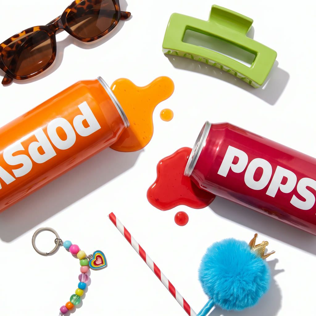 Flat lay of orange and red POPSY soda cans spilling soda among sunglasses, a green claw clip, a beaded keychain and a blue pom-pom pen, AI-generated product photo