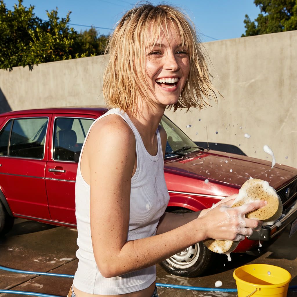 Laughing blonde woman washing a red vintage car with a soapy sponge in the sun, AI-generated