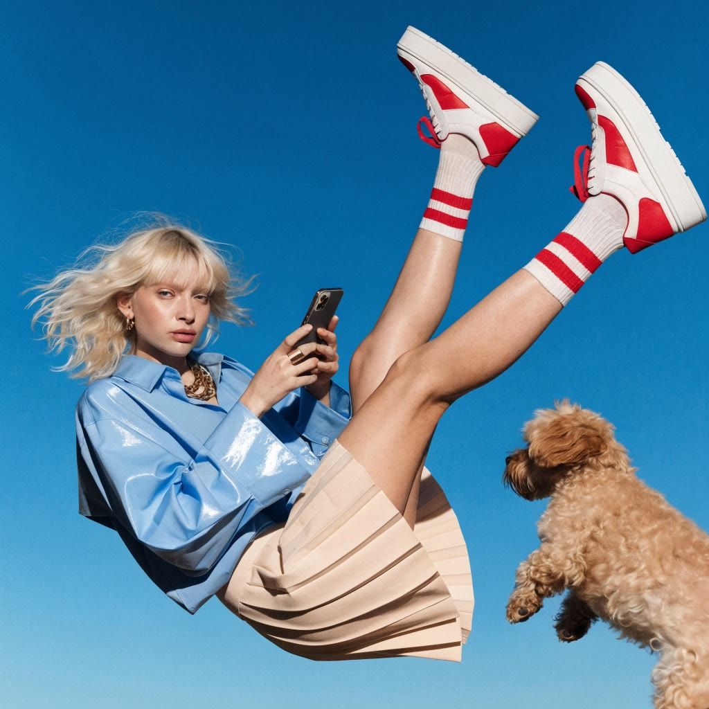 Platinum blonde woman in a blue shirt and red sneakers floating mid-air against blue sky with a jumping dog, AI-generated fashion image
