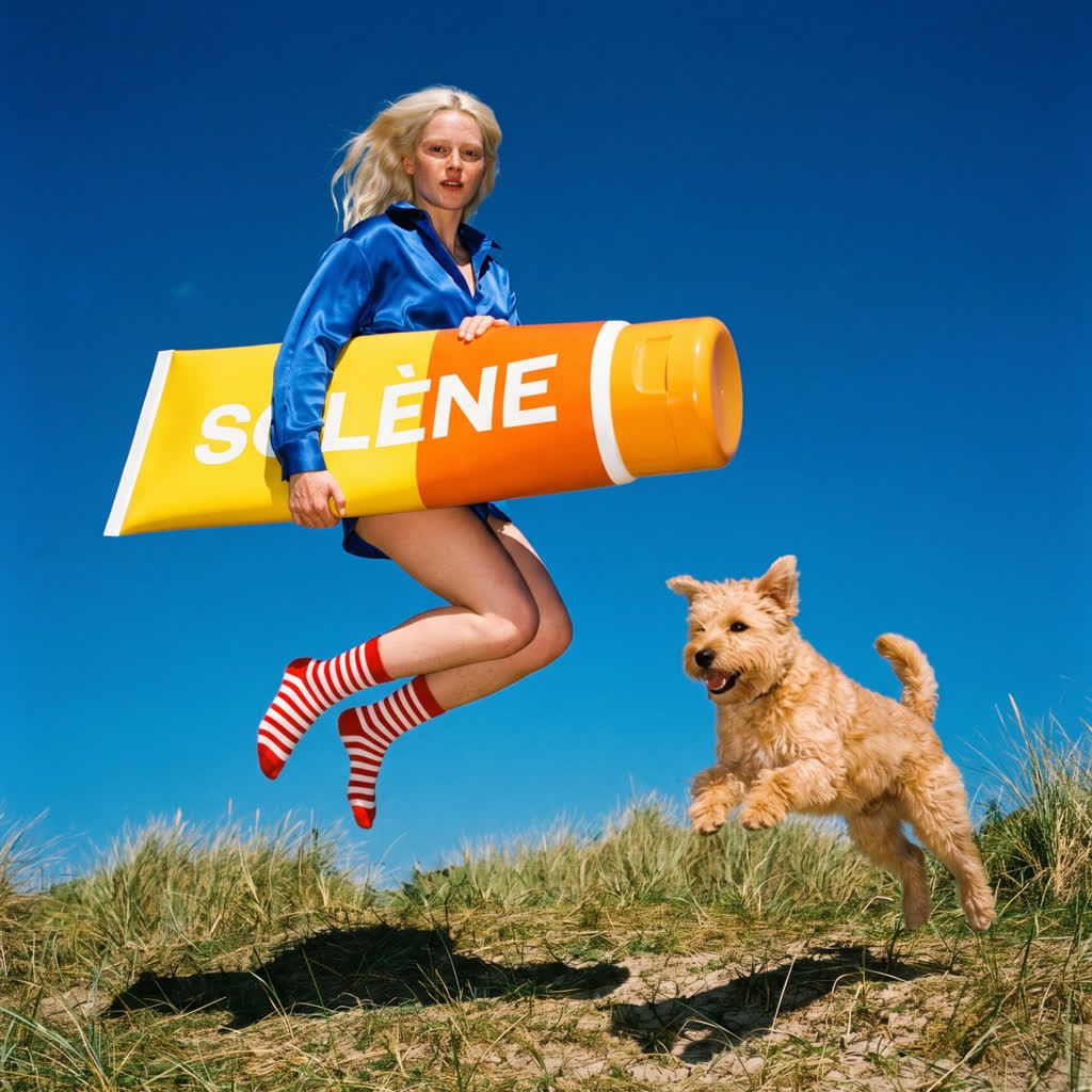 Platinum blonde woman in a blue satin shirt leaping with a giant SOLÈNE sunscreen tube while a dog jumps beside her on sunny dunes, AI-generated campaign image