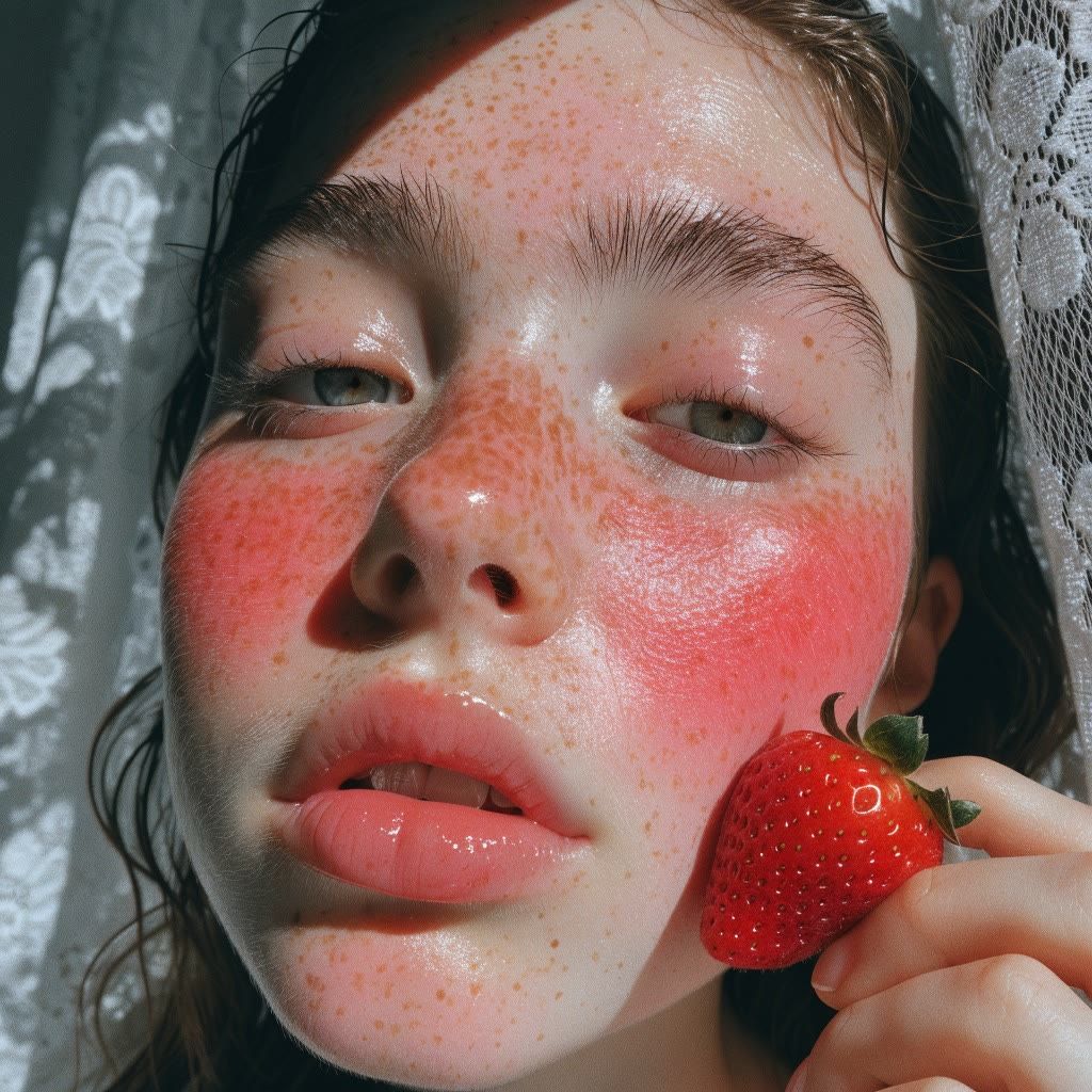 Close-up of a freckled girl with rosy blush holding a strawberry to her cheek in soft window light, AI-generated beauty portrait