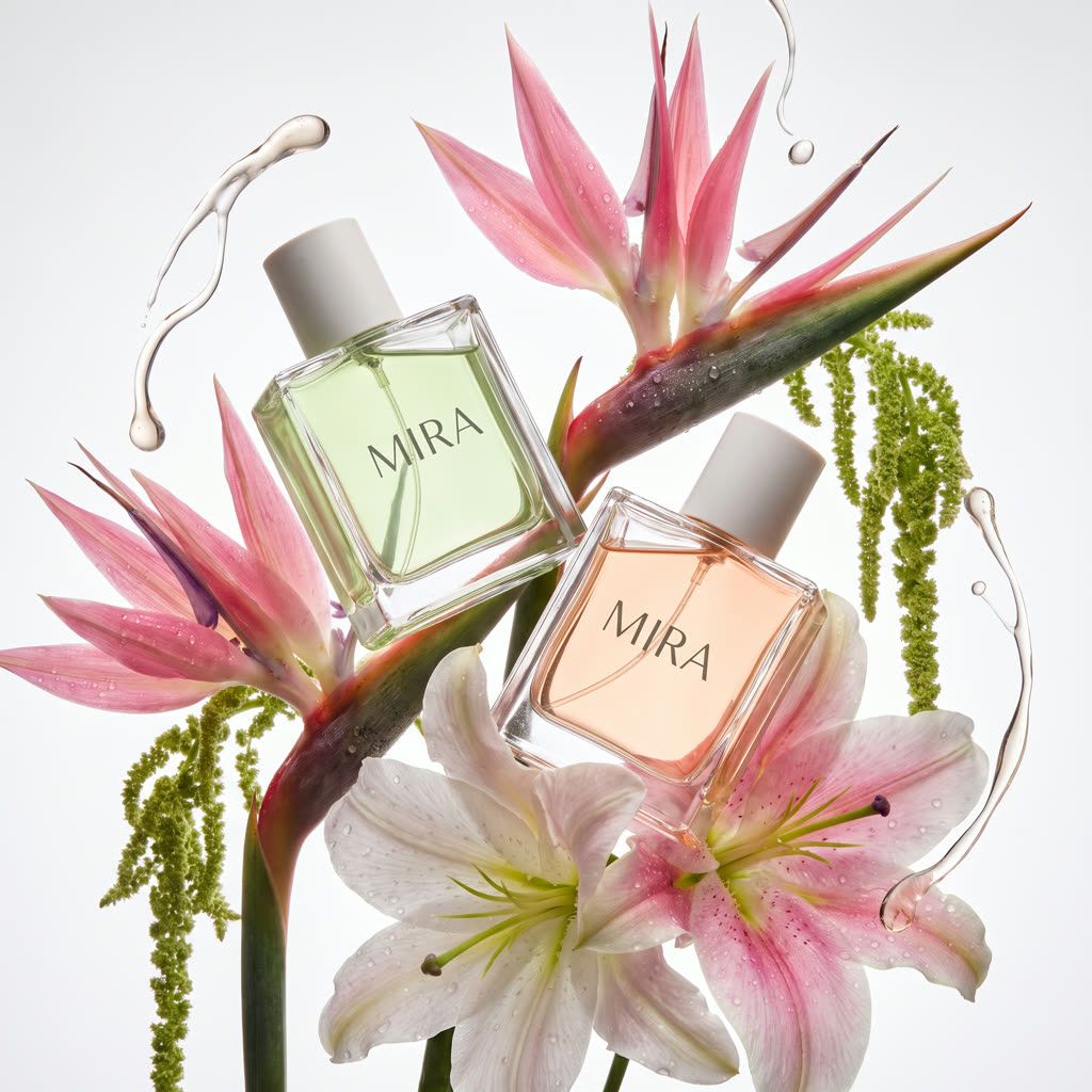 Two square MIRA perfume bottles, pale green and peach, among pink bird-of-paradise flowers, lilies and green amaranthus with clear liquid splashes, AI-generated product still life