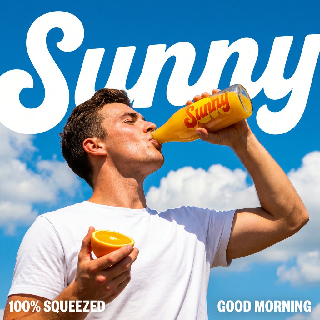 Man in a white tee drinking Sunny orange juice from a bottle under a blue sky with a giant Sunny wordmark, AI-generated ad