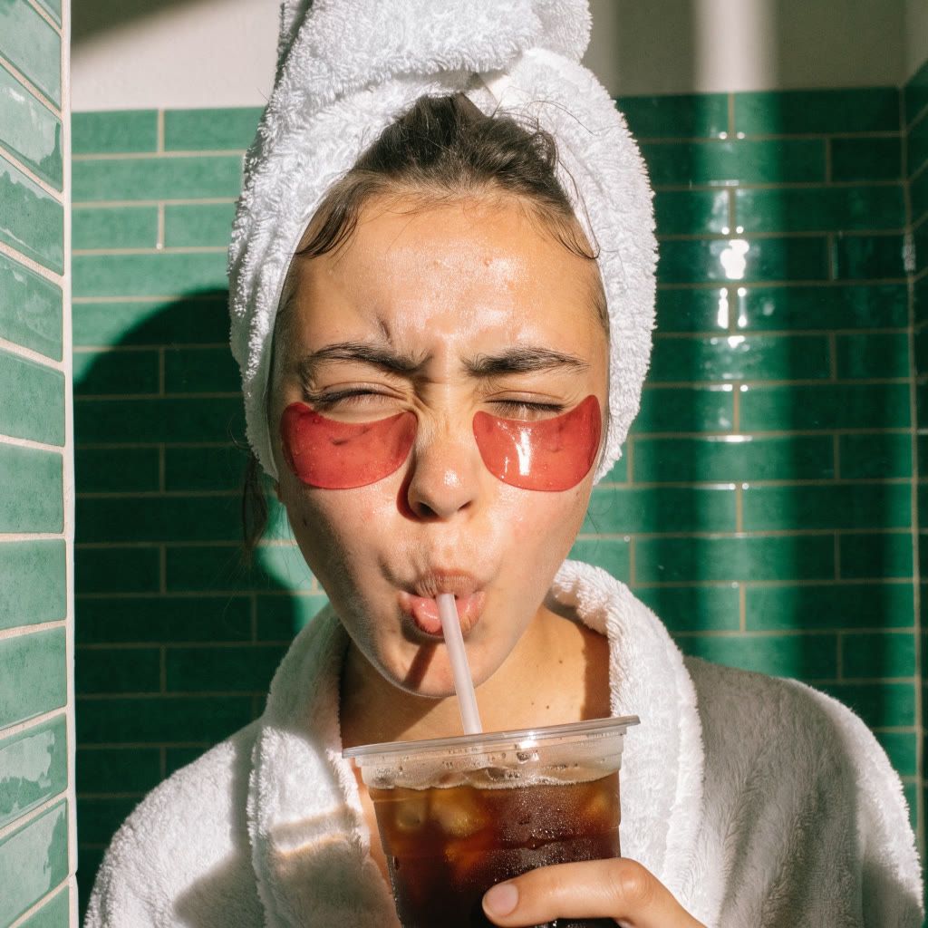 Woman in a towel turban and robe with red under-eye patches sipping iced coffee in a green tiled bathroom, AI-generated