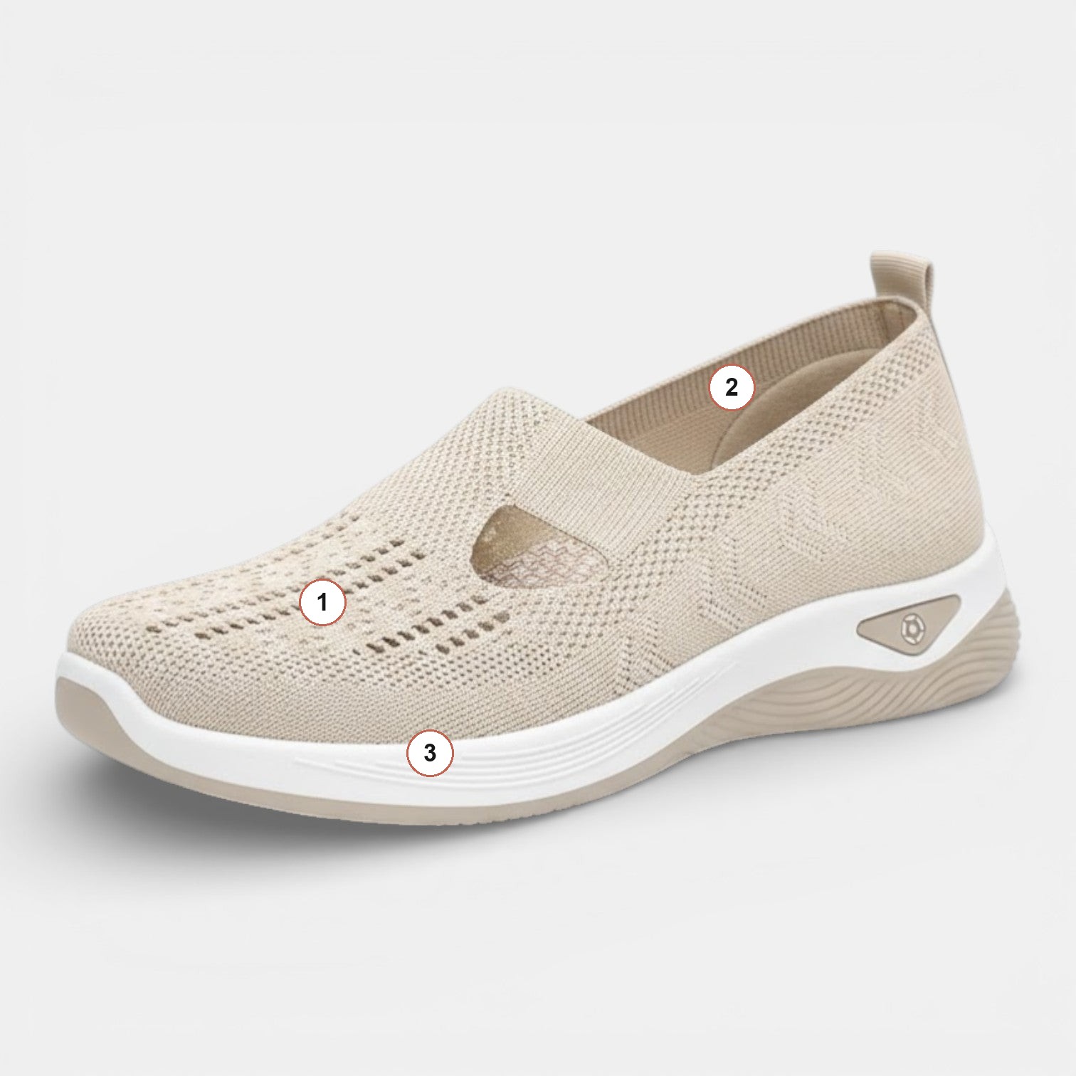 The beige Carry orthopedic slip-on with numbered markers on the knit upper, the insole and the sole
