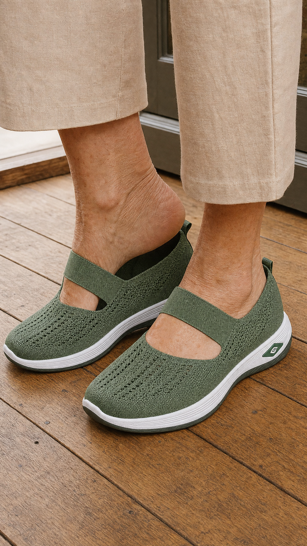 A woman in linen trousers stepping into the sage green Carry slip-ons on a wooden floor