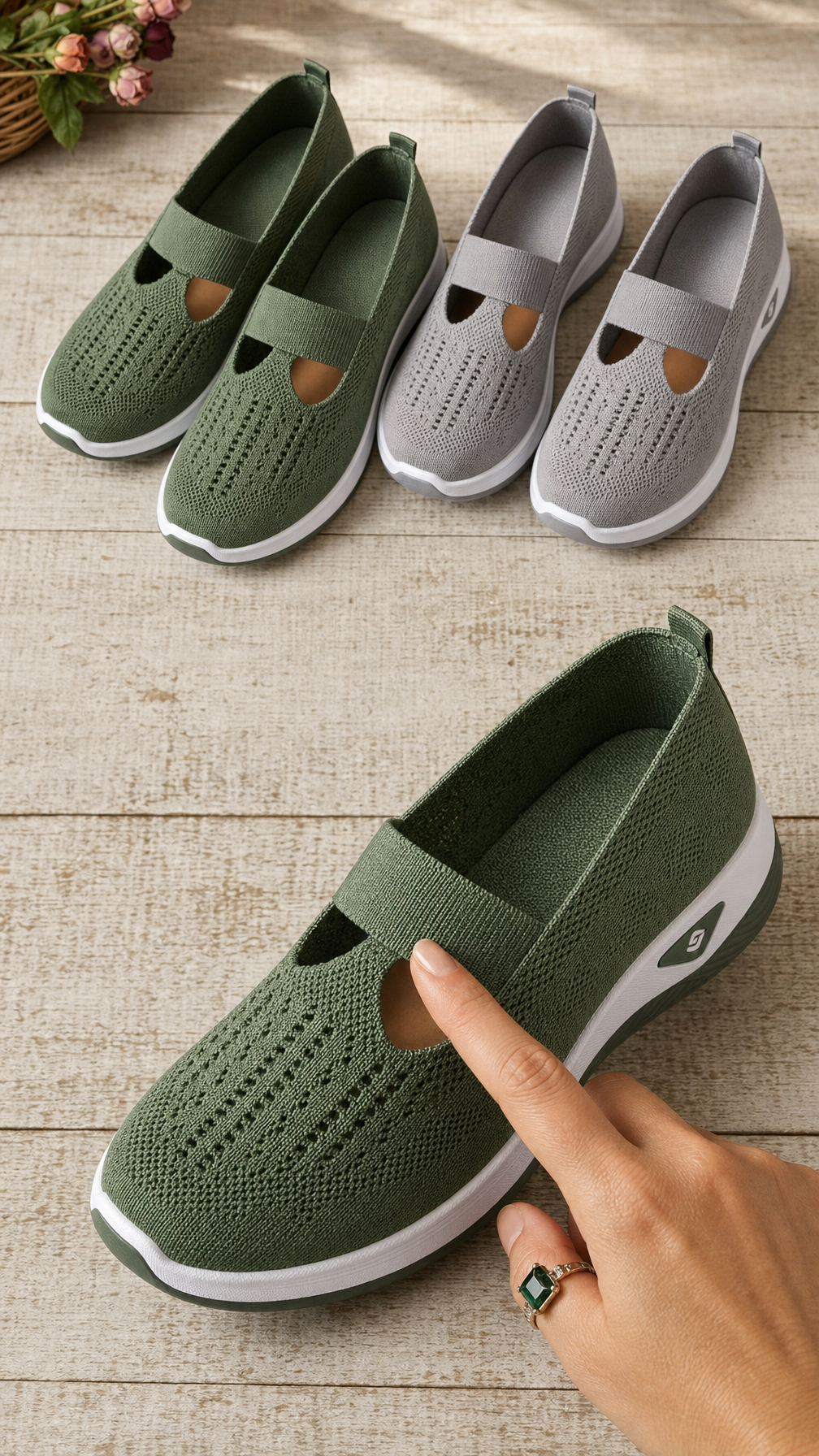 A finger tracing the breathable knit weave of the green Carry slip-on, with green and grey pairs behind