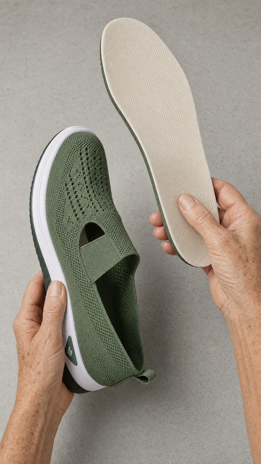 Mature hands lifting the cushioned insole out of the green Carry slip-on shoe