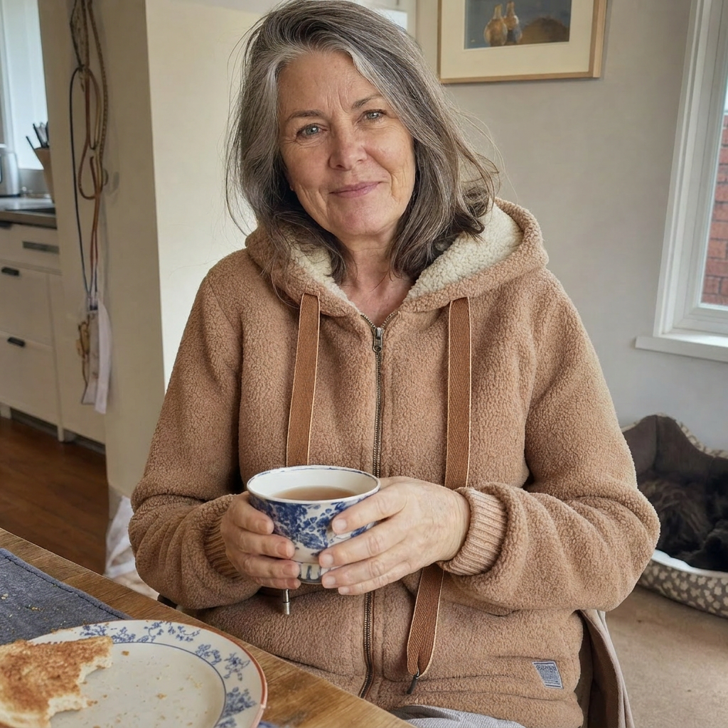 Carol at her kitchen table wearing the brown Phoebe fleece jacket