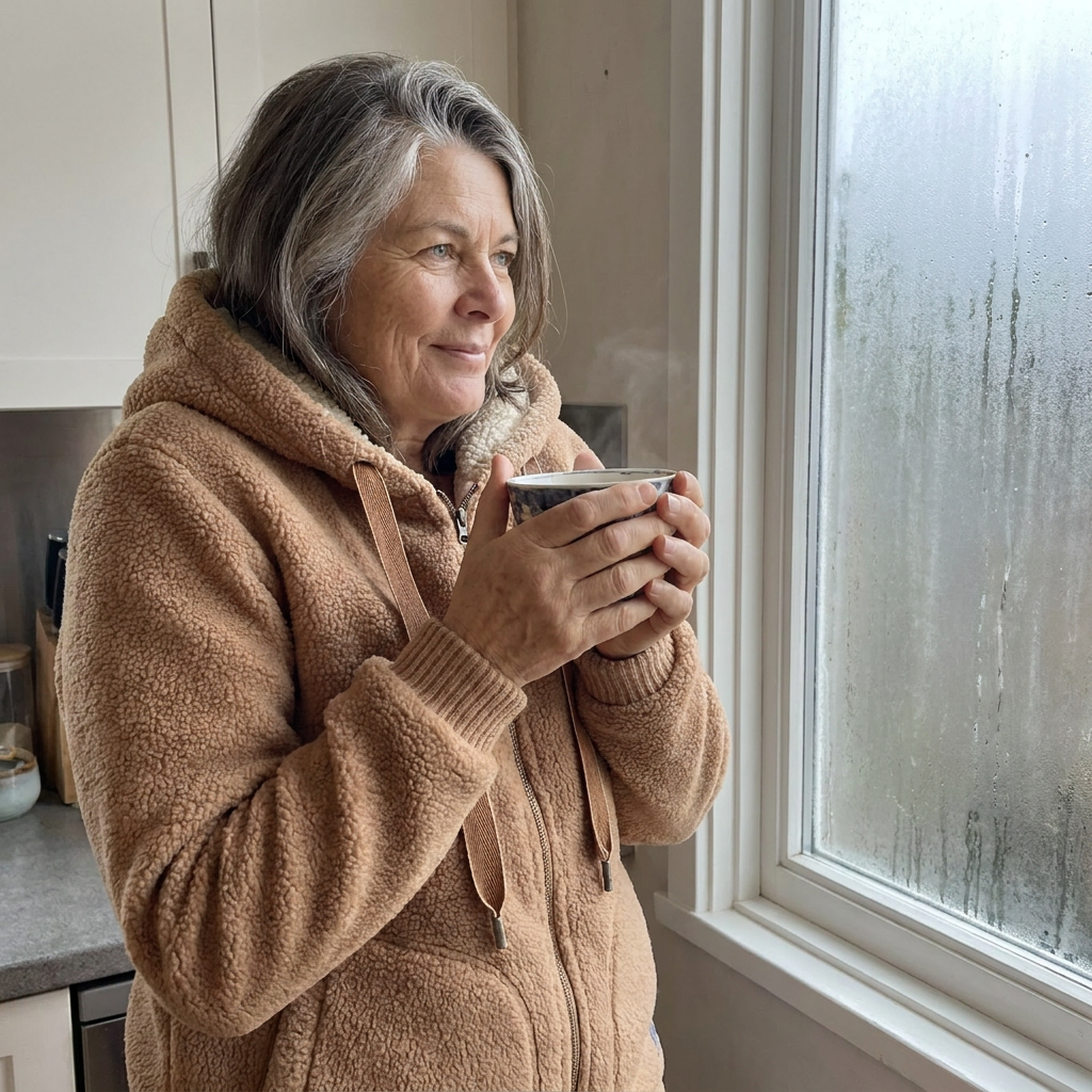 A woman in her sixties hugging a thin cardigan around herself at a cold kitchen window