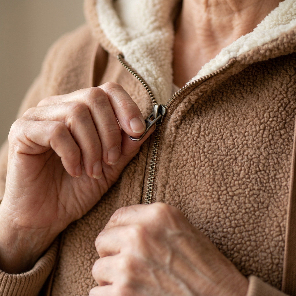 Mature hands pulling up the metal zip of the brown Phoebe fleece jacket