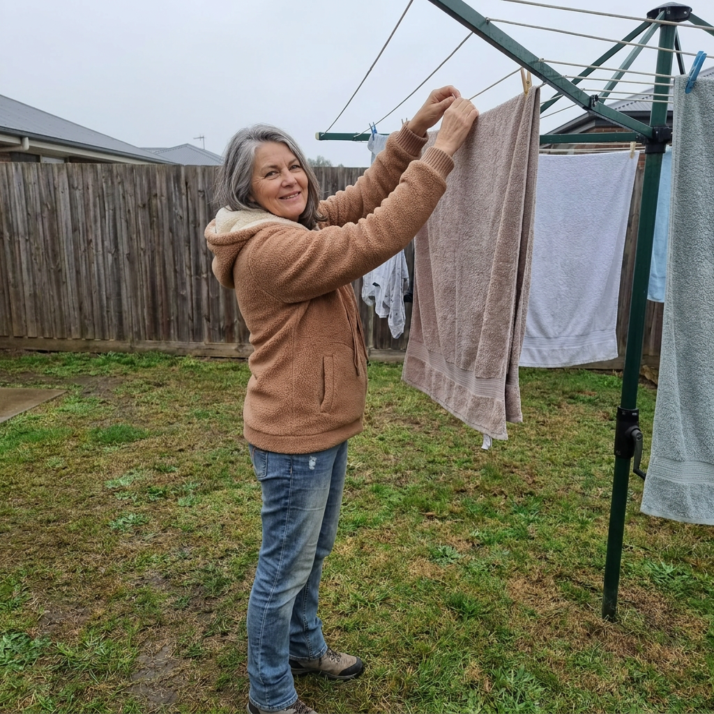 The same woman wearing the brown Phoebe fleece jacket while hanging washing on a winter morning