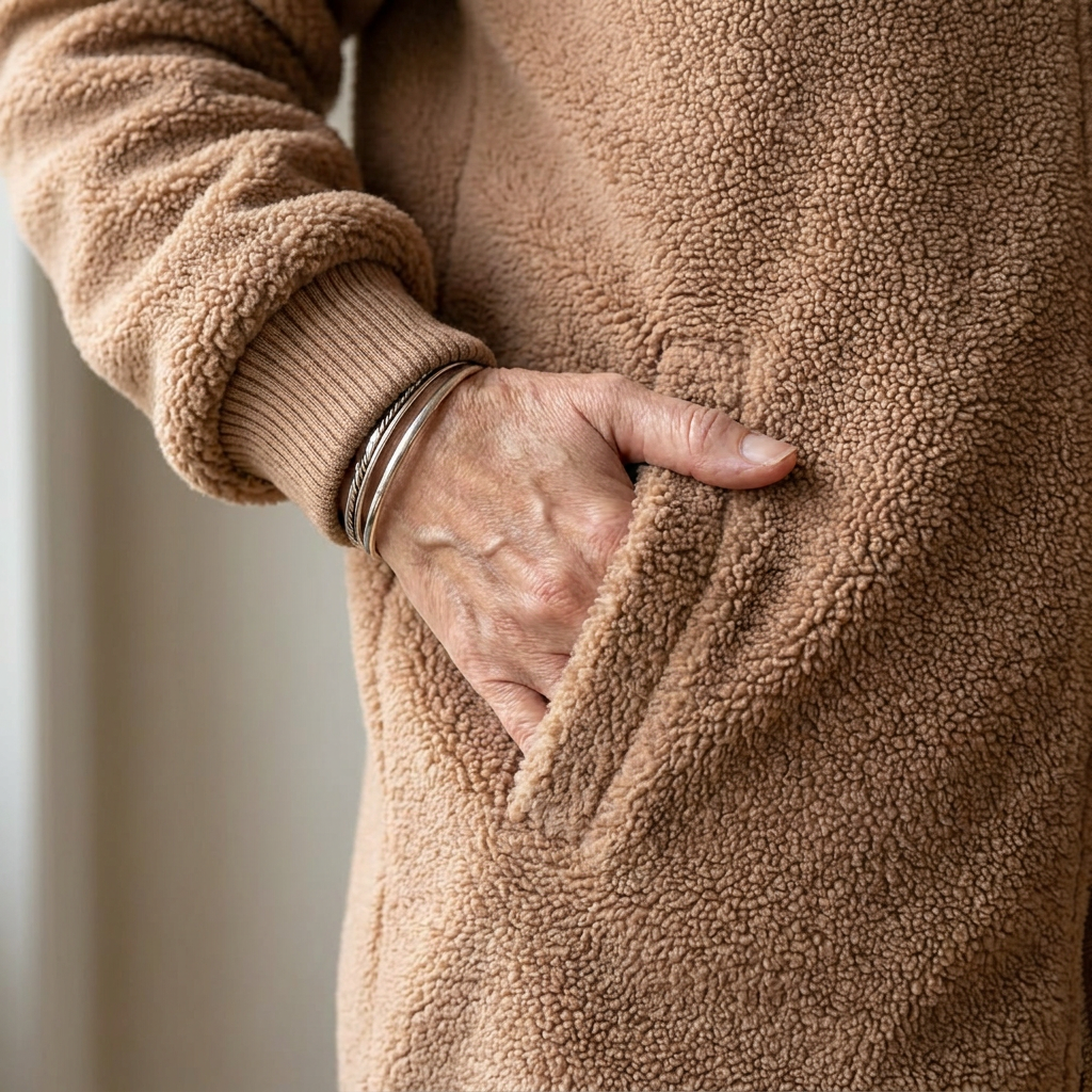 Both hands tucked into the deep front pockets of the brown Phoebe fleece jacket, ribbed cuff at the wrist