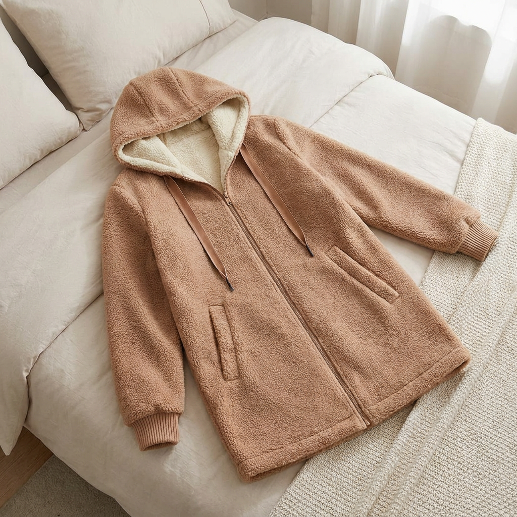 The brown Phoebe fleece jacket laid flat, showing the sherpa lining, metal zip and ribbed cuffs