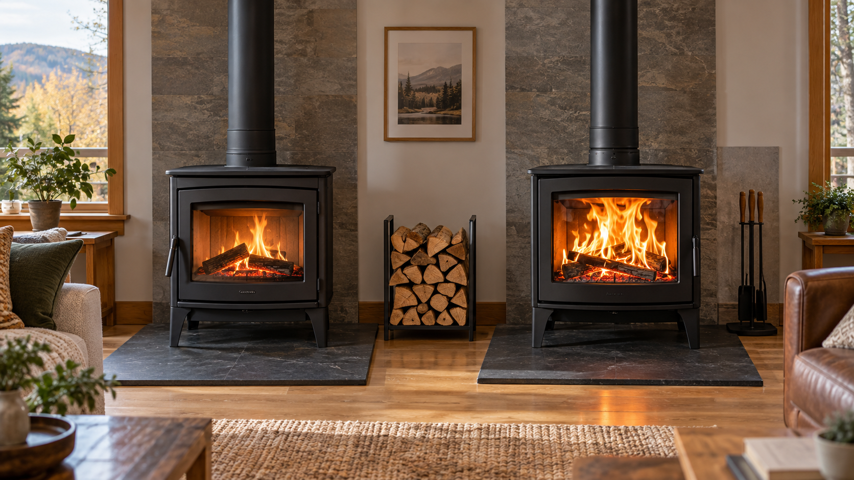 Two modern wood stoves illustrating catalytic and non-catalytic heating choices