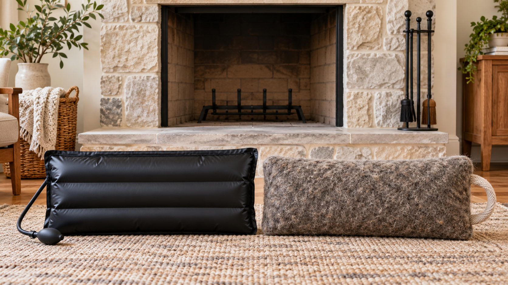 Inflatable chimney balloon beside a wool fireplace plug in front of a cold masonry fireplace