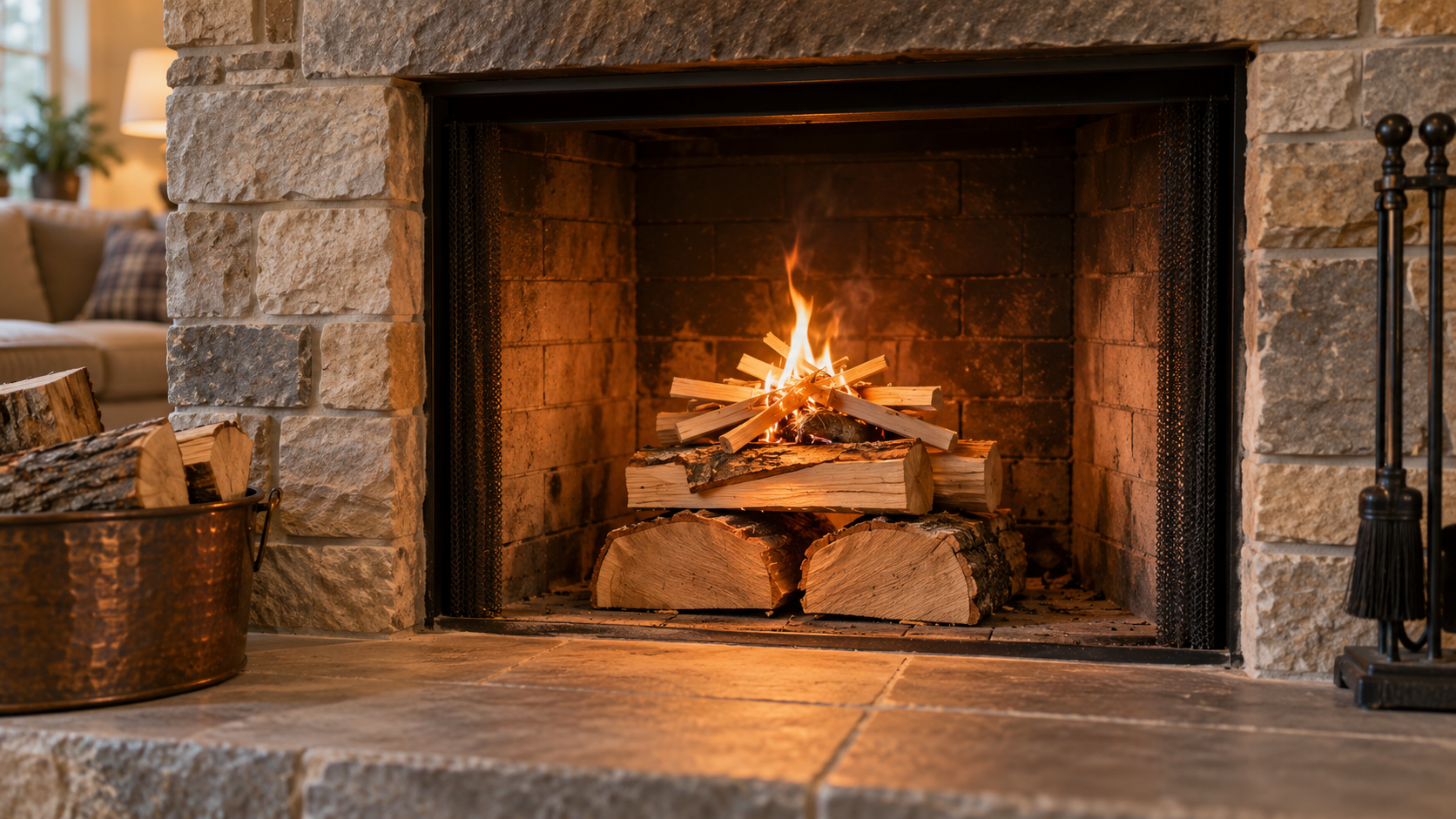 Top-down firewood stack beginning to burn safely in a masonry fireplace