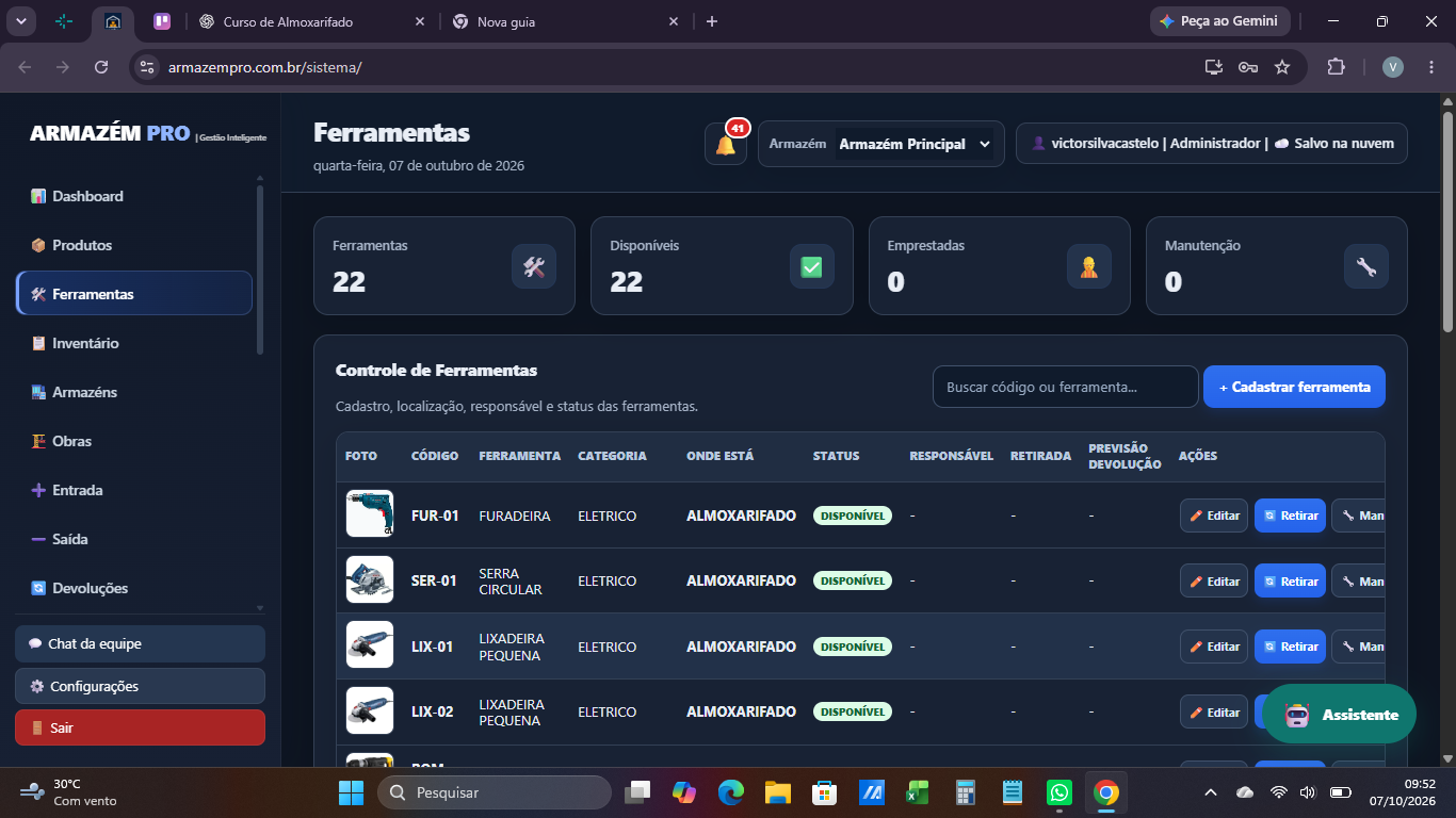 Tela de Ferramentas — status, responsável e retirada