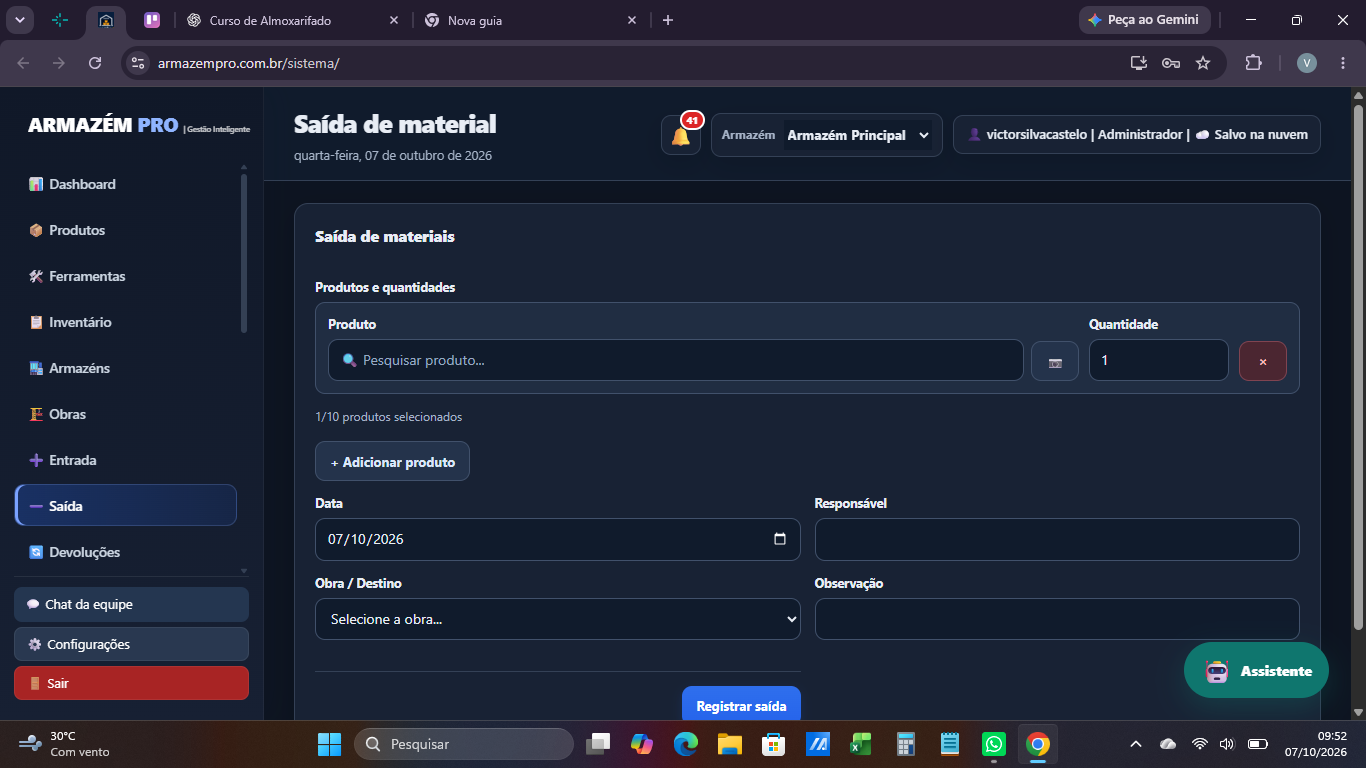 Tela de Saída de materiais para obra