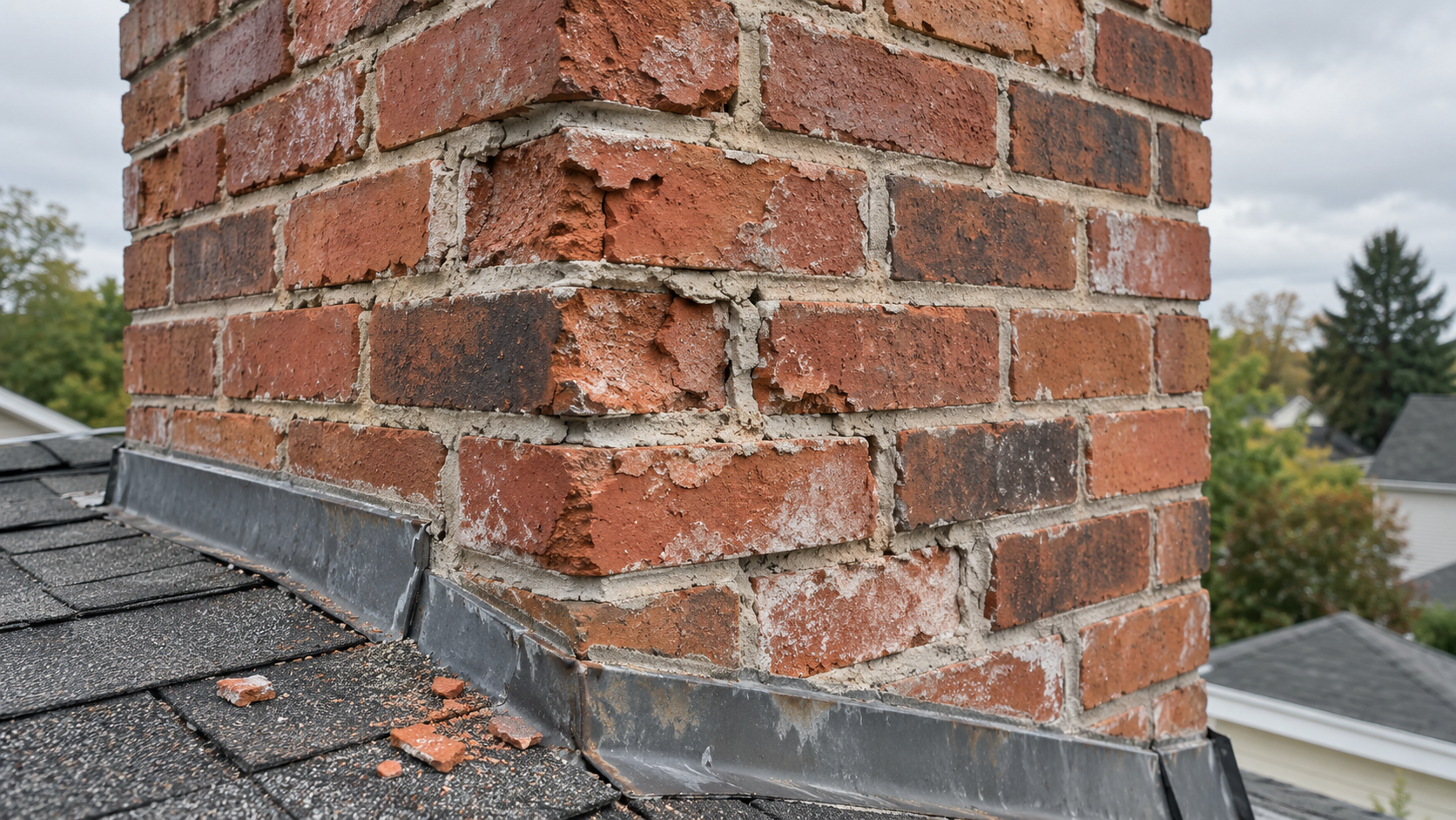 Spalling red chimney bricks with flaking faces and deteriorated mortar joints above a roof