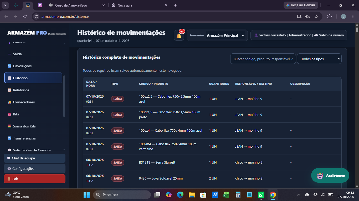 Tela de Histórico — rastreabilidade das movimentações