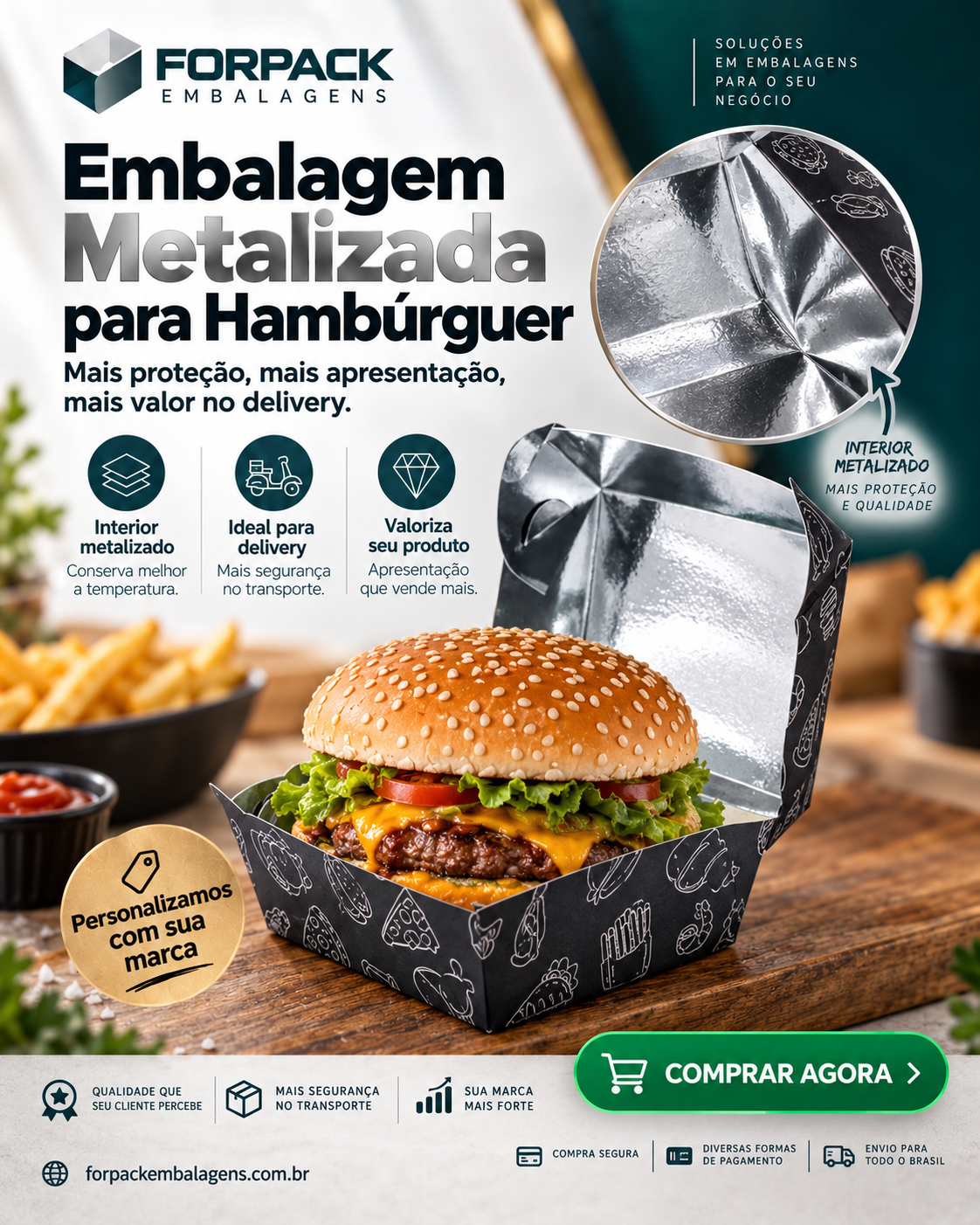 Anúncio da embalagem metalizada para hambúrguer Forpack