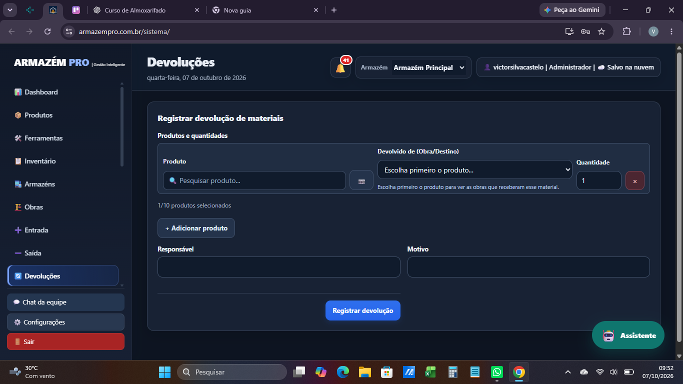 Tela de Devoluções de materiais