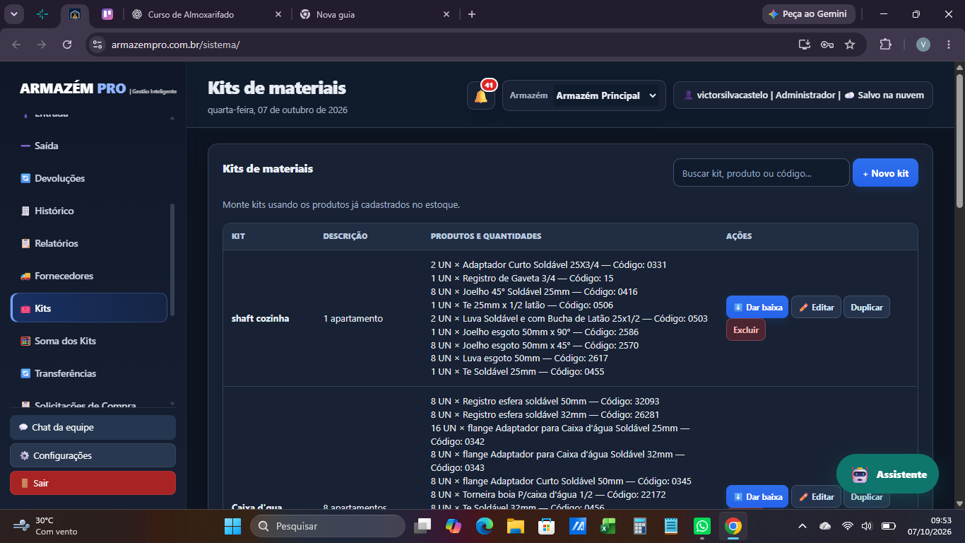 Tela de Kits de materiais