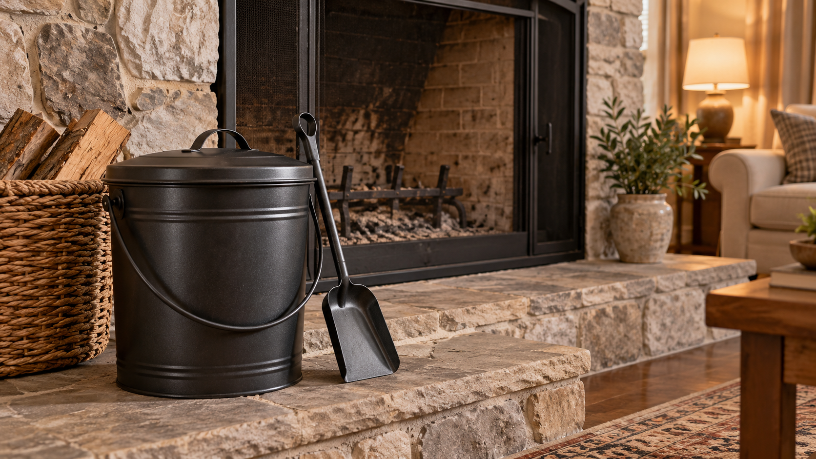 Black metal fireplace ash bucket with fitted lid and shovel on a stone hearth