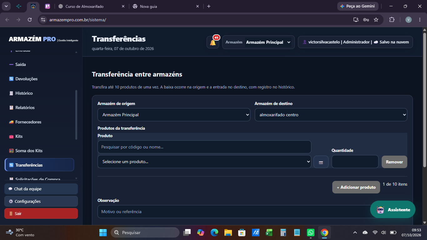 Tela de Transferências entre armazéns