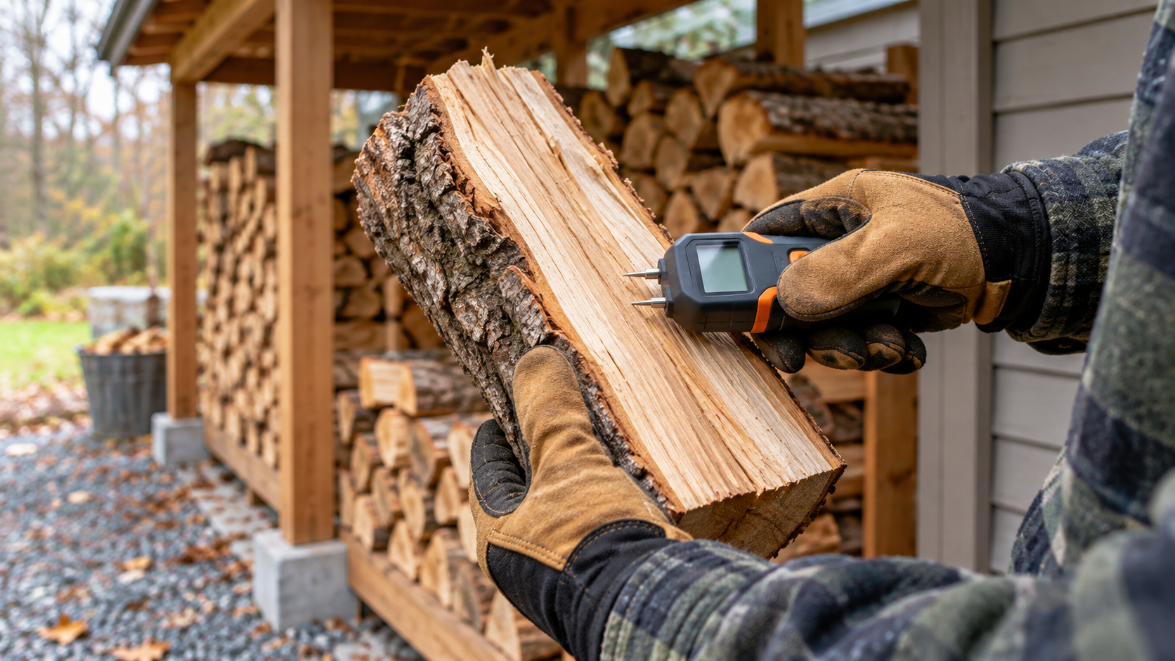 Gloved homeowner testing a freshly split firewood log with a two-pin moisture meter