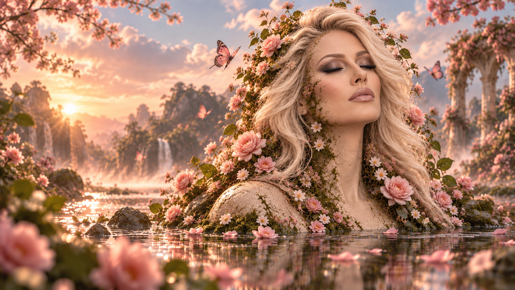 Kaya Jones in a rose-colored garden at sunset